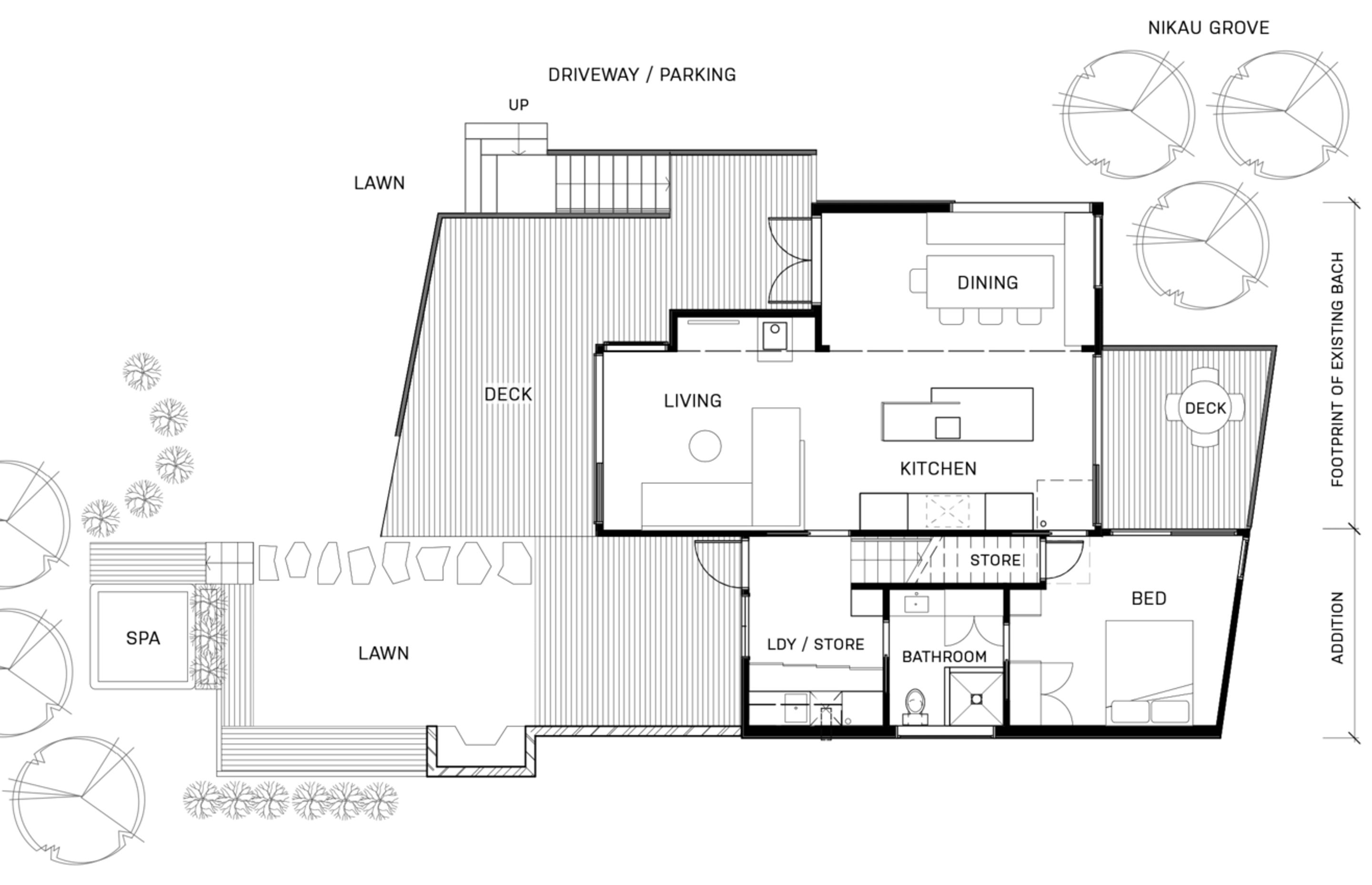 The ground level floor incorporates the original bach footprint (which has now become kitchen, dining and a living spaces), and extends it into a providing a downstairs bedroom, utilities and storage, and extensive outdoor decking and entertaining areas.