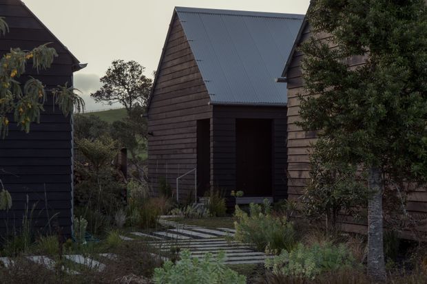 A dark, moody cluster of small timber-clad buildings with steep pitched gable roofs, arranged around a landscaped garden path. The central structure has a large recessed entrance, while native-style planting and stone stepping slabs create an informal approach. Rolling vegetation is visible in the background.