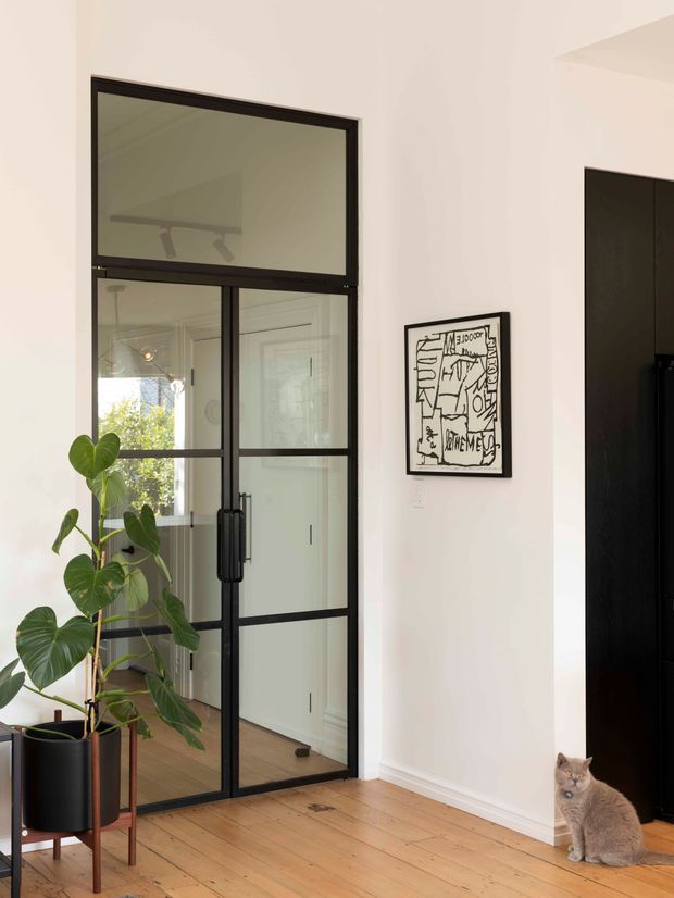 A bright, refined interior view of a hallway or entry area with pale painted walls, wide-plank timber flooring, and a black-framed glazed internal door with multiple panes. A potted leafy plant on a raised stand, framed monochrome artwork, and a tall black built-in cabinet add contrast. A cat is present near the cabinet. Through the glazed door, a white interior space and outdoor greenery are visible.