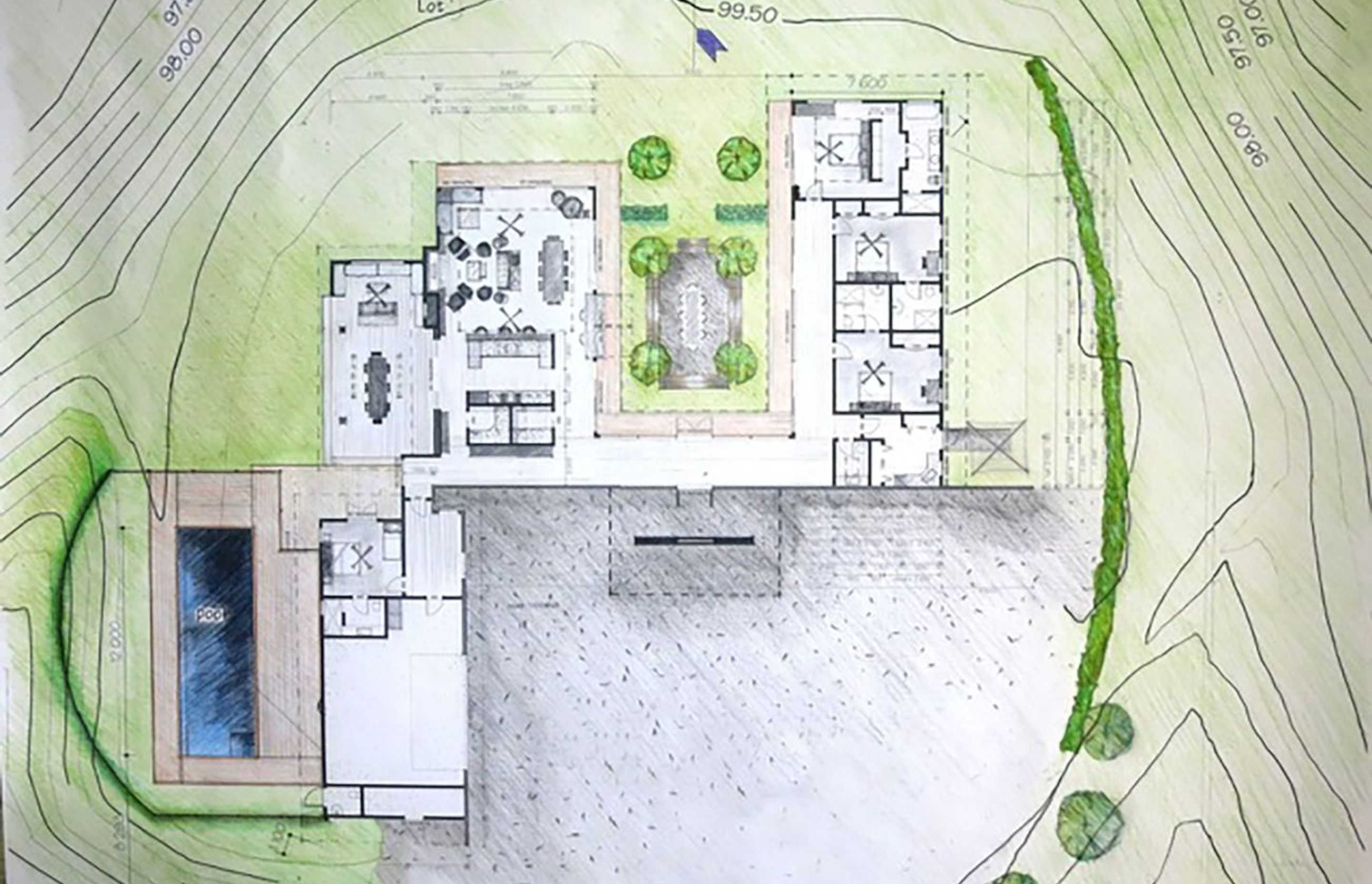 Sketch of the site plan for Poplars 7 home, by Andy Colthart Artchitecture and Development.