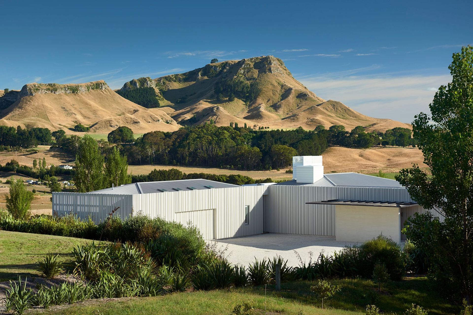 Hipped roofs peep up from the modern cladding, emulating the hilly topography of the surrounding landscaping with Te Mata Peak rising up in the distance.