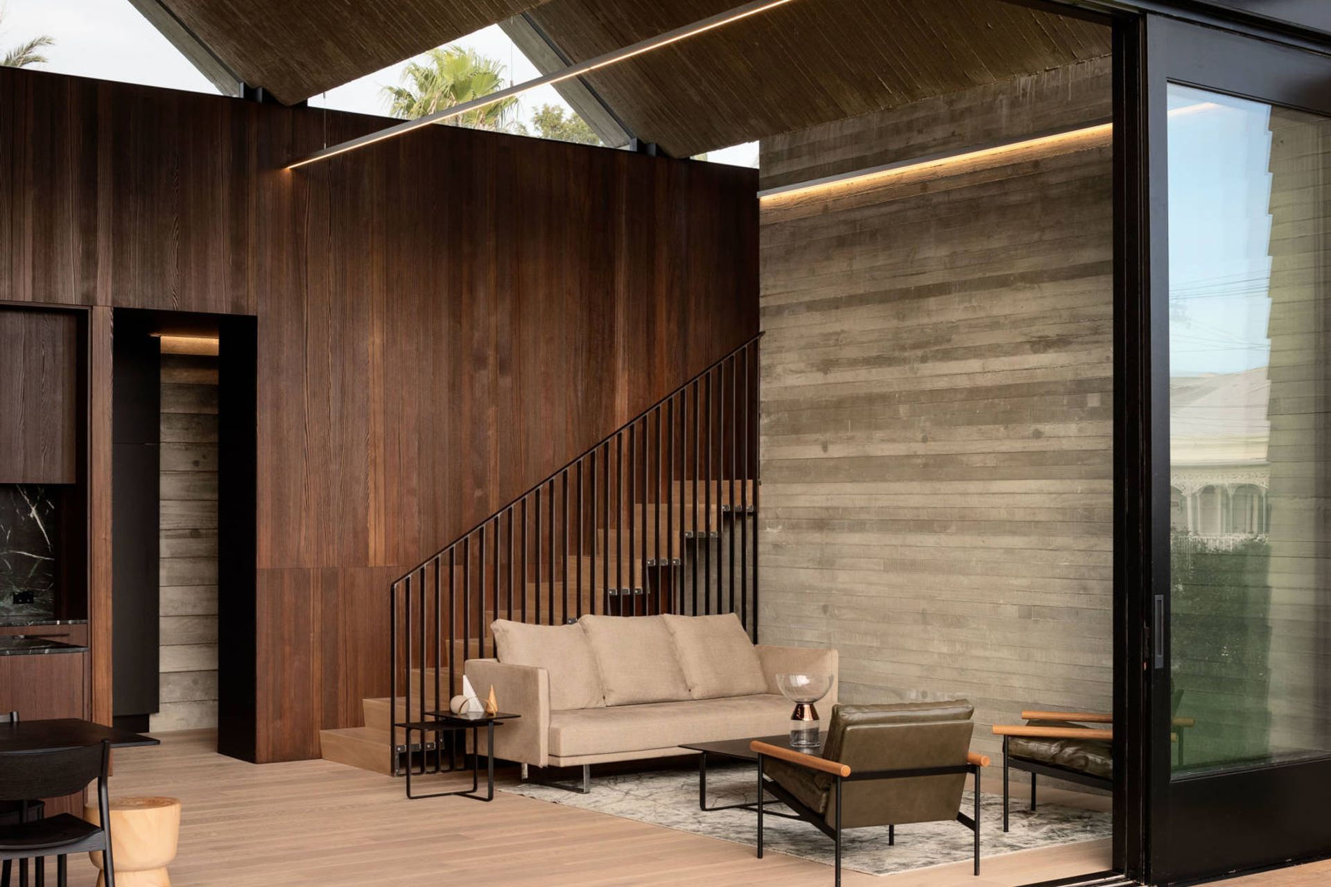 The staircase to the upstairs guest bedroom suite, which sits over the garage.