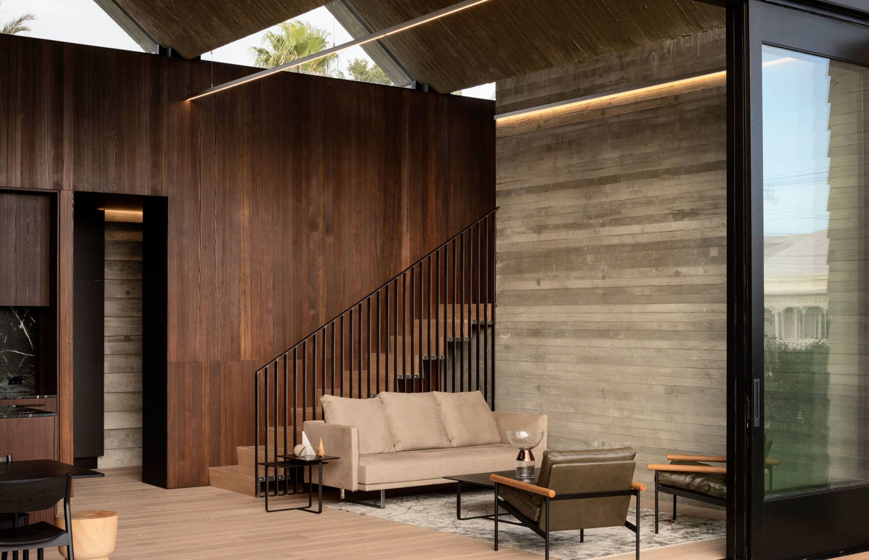 The staircase to the upstairs guest bedroom suite, which sits over the garage.