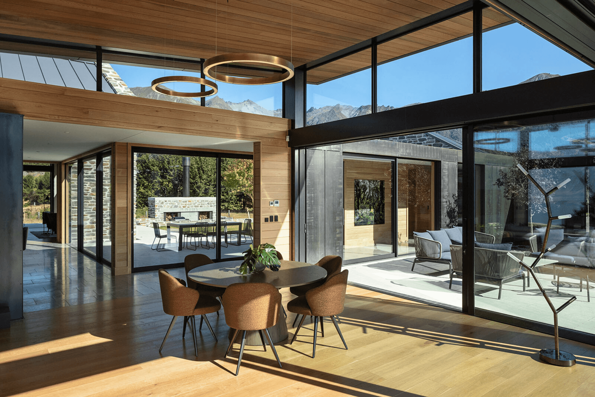 The interior materiality has a focus on natural materials, such as the oak hardwood flooring.