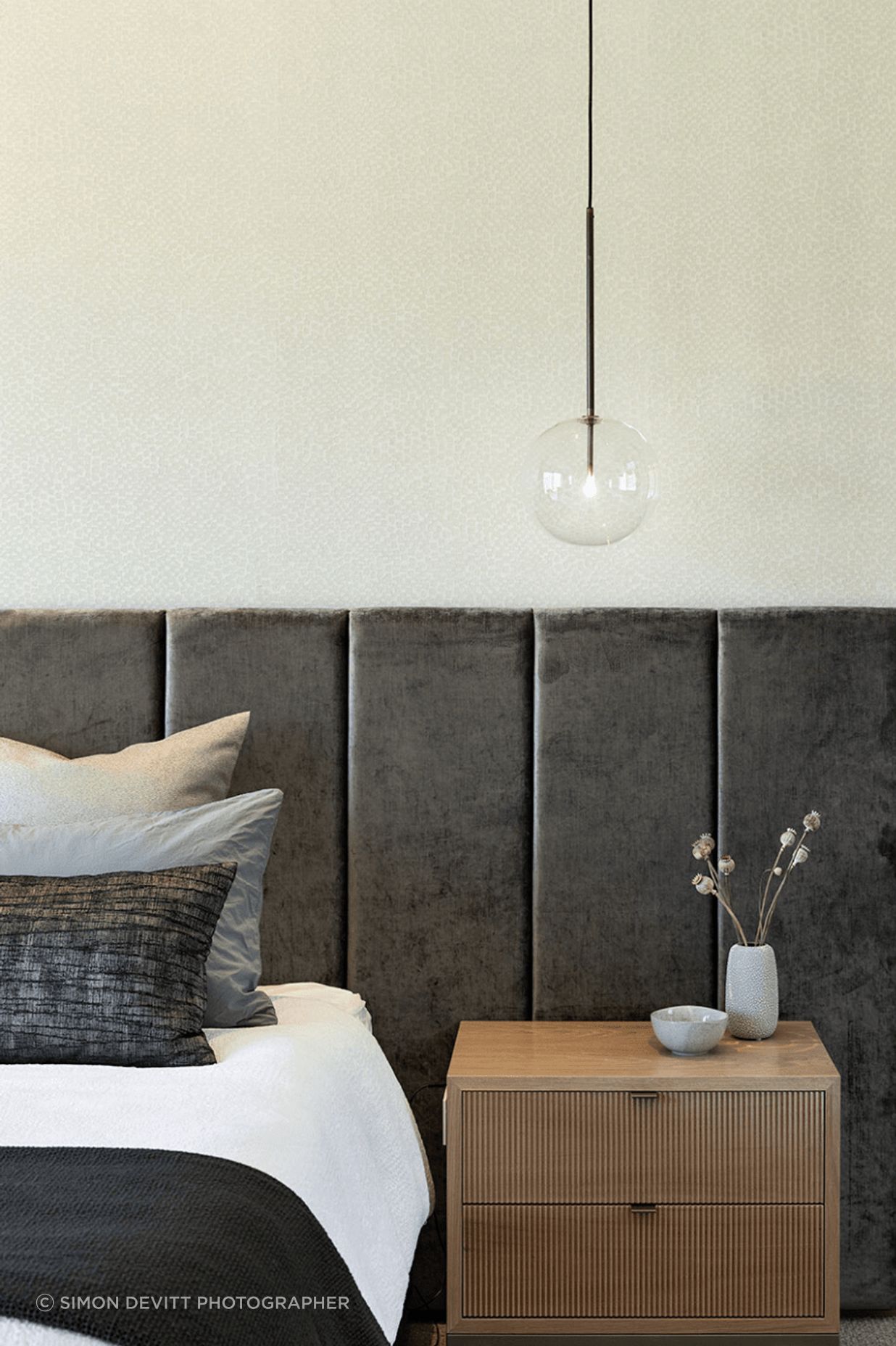 This bespoke head board pairs easily and casually with the custo