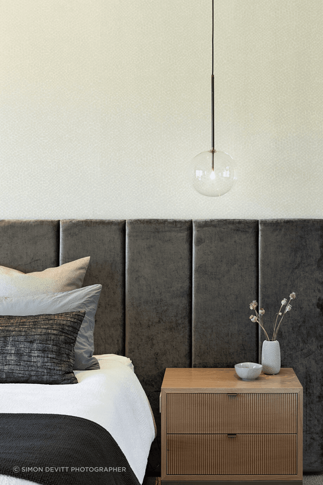 This bespoke head board pairs easily and casually with the custo