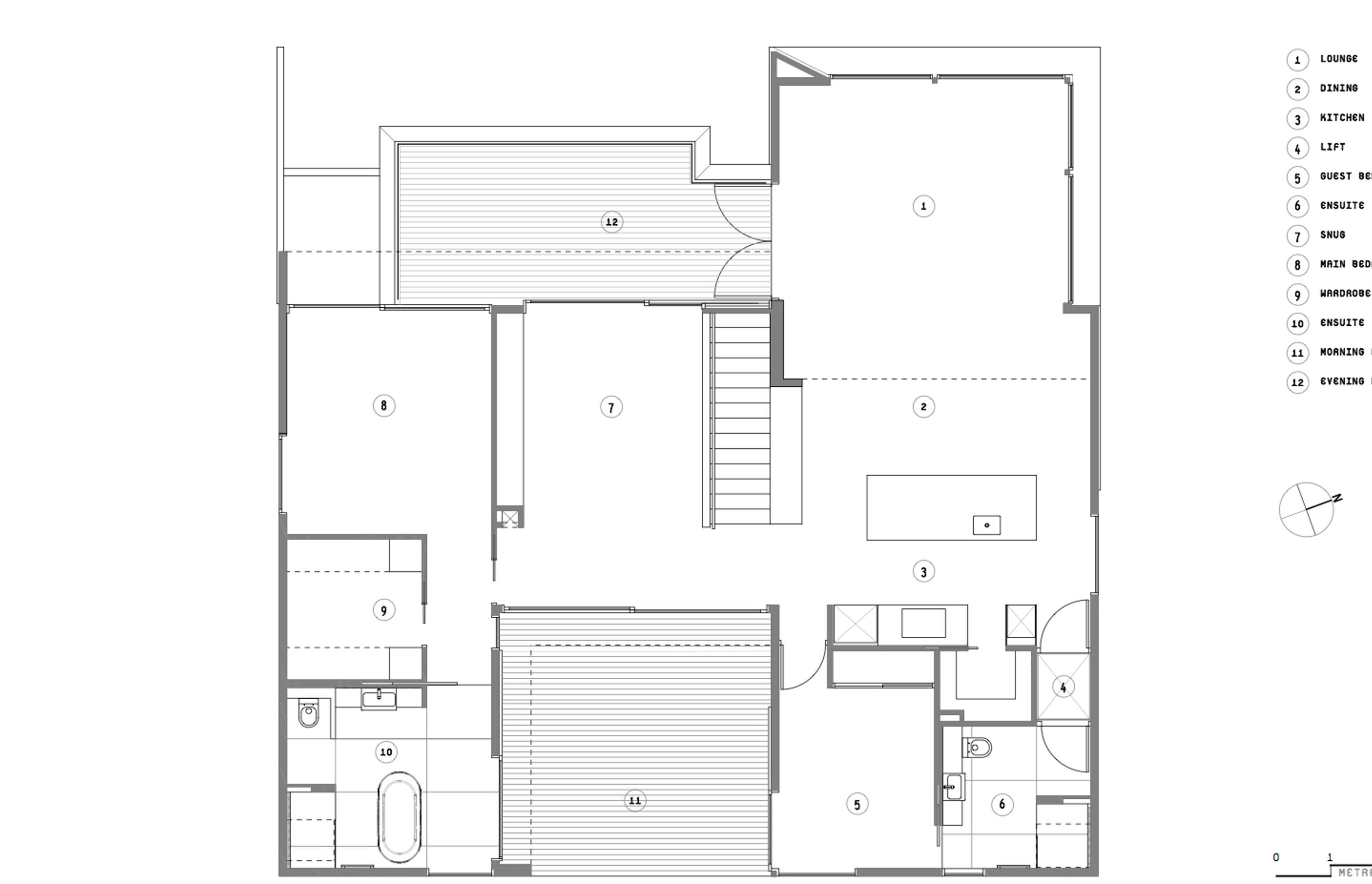 The first-floor plan by Objects shows the evening deck and lounge facing northwest towards the ocean.