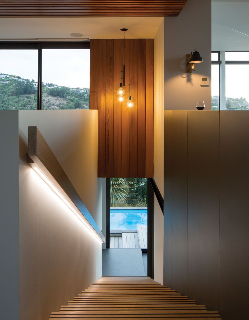 Looking down the staircase towards the swimming pool.