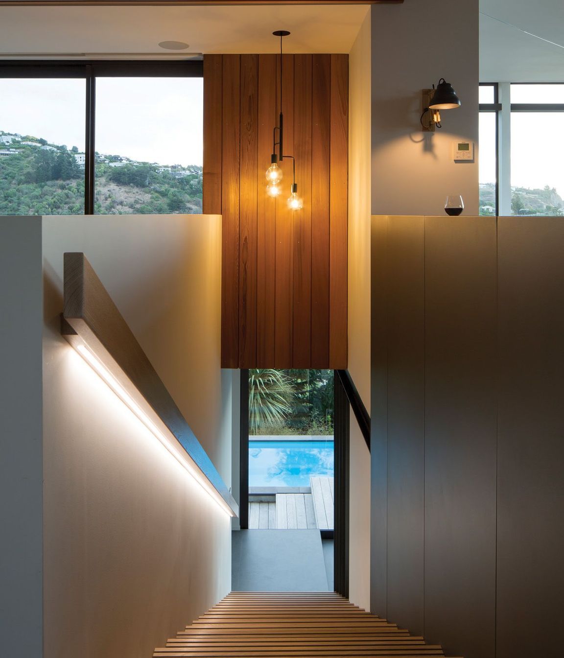 Looking down the staircase towards the swimming pool.