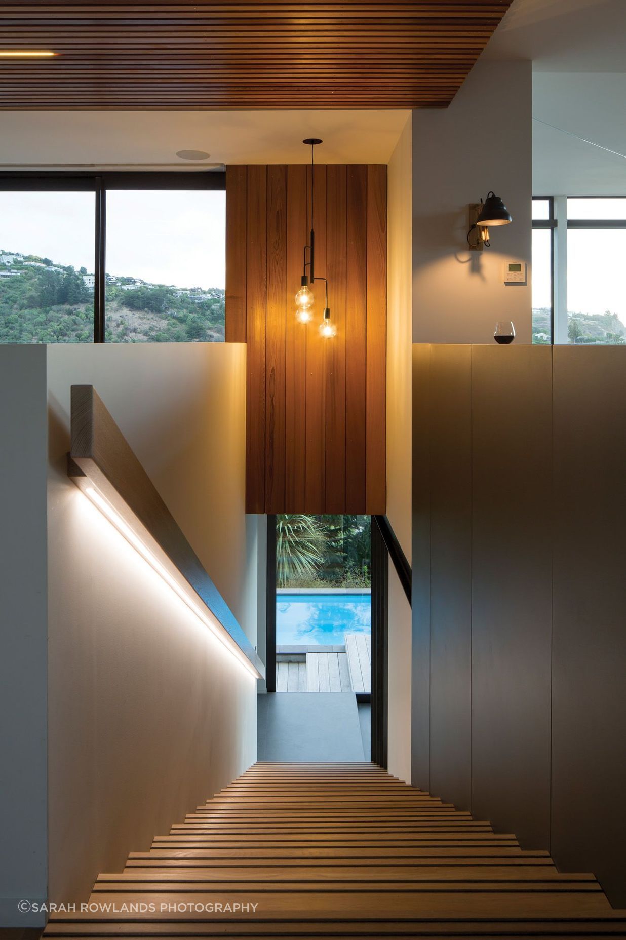 Looking down the staircase towards the swimming pool.