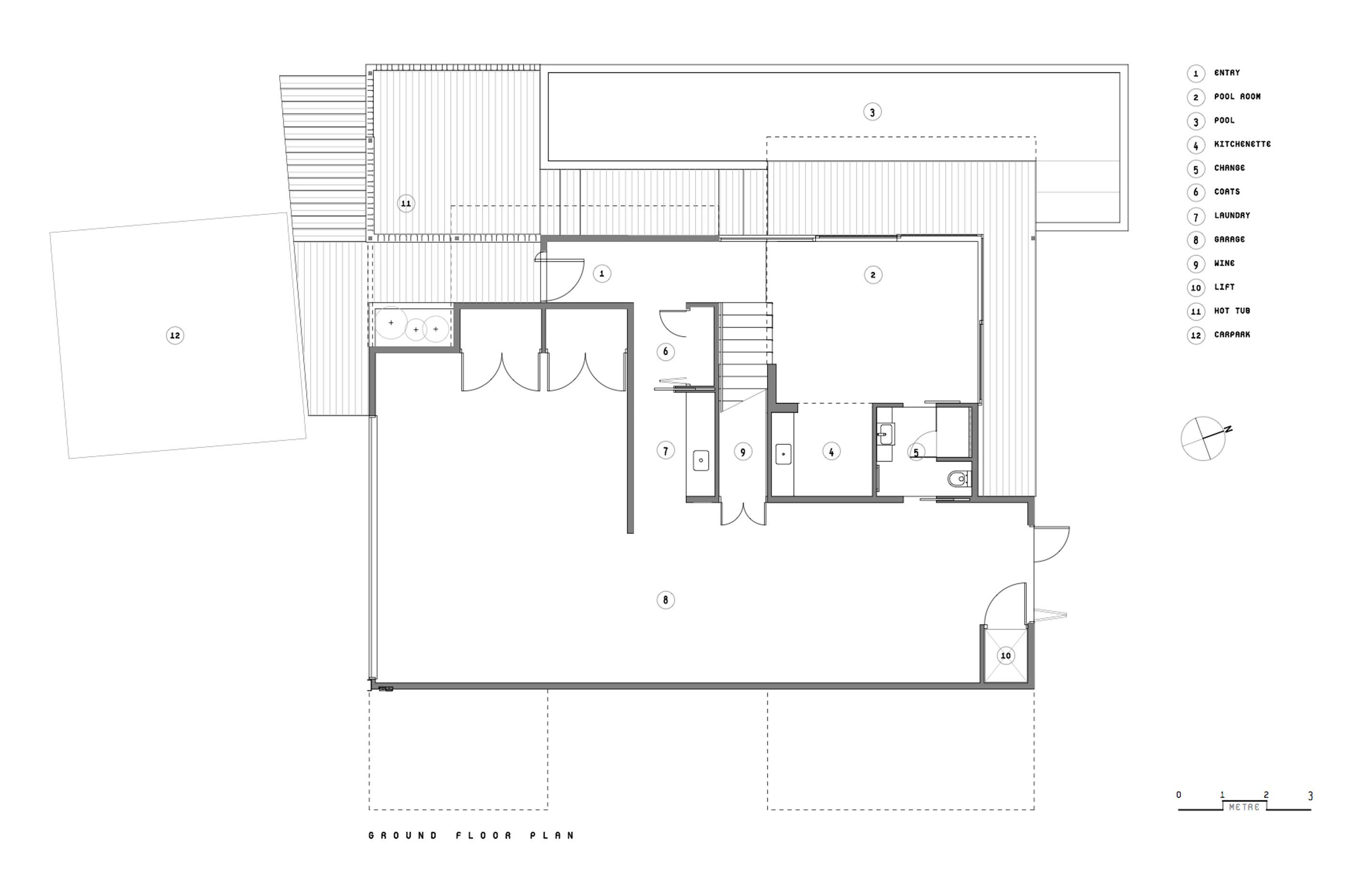 The ground-floor plan by Objects shows the hot tub and lap pool facing northwest.