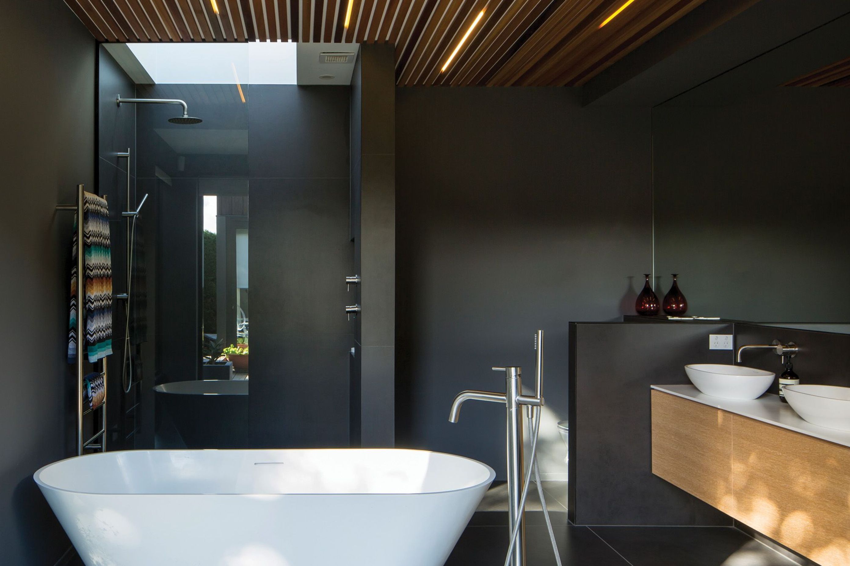 The master ensuite bathroom has a skylight to draw light into the dark interior.