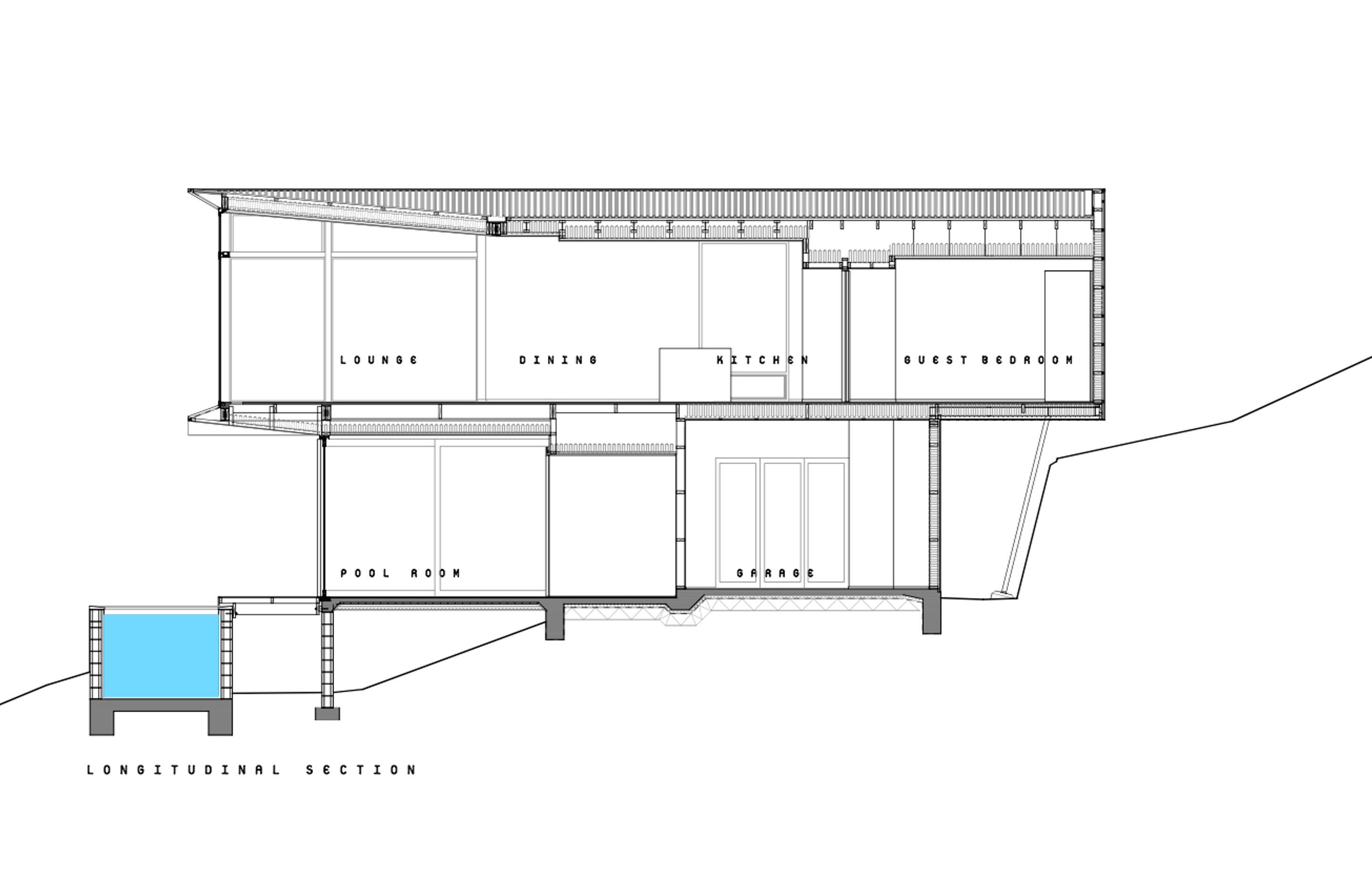 A longitudinal section by Objects. shows the swimming pool below the ground-floor area.