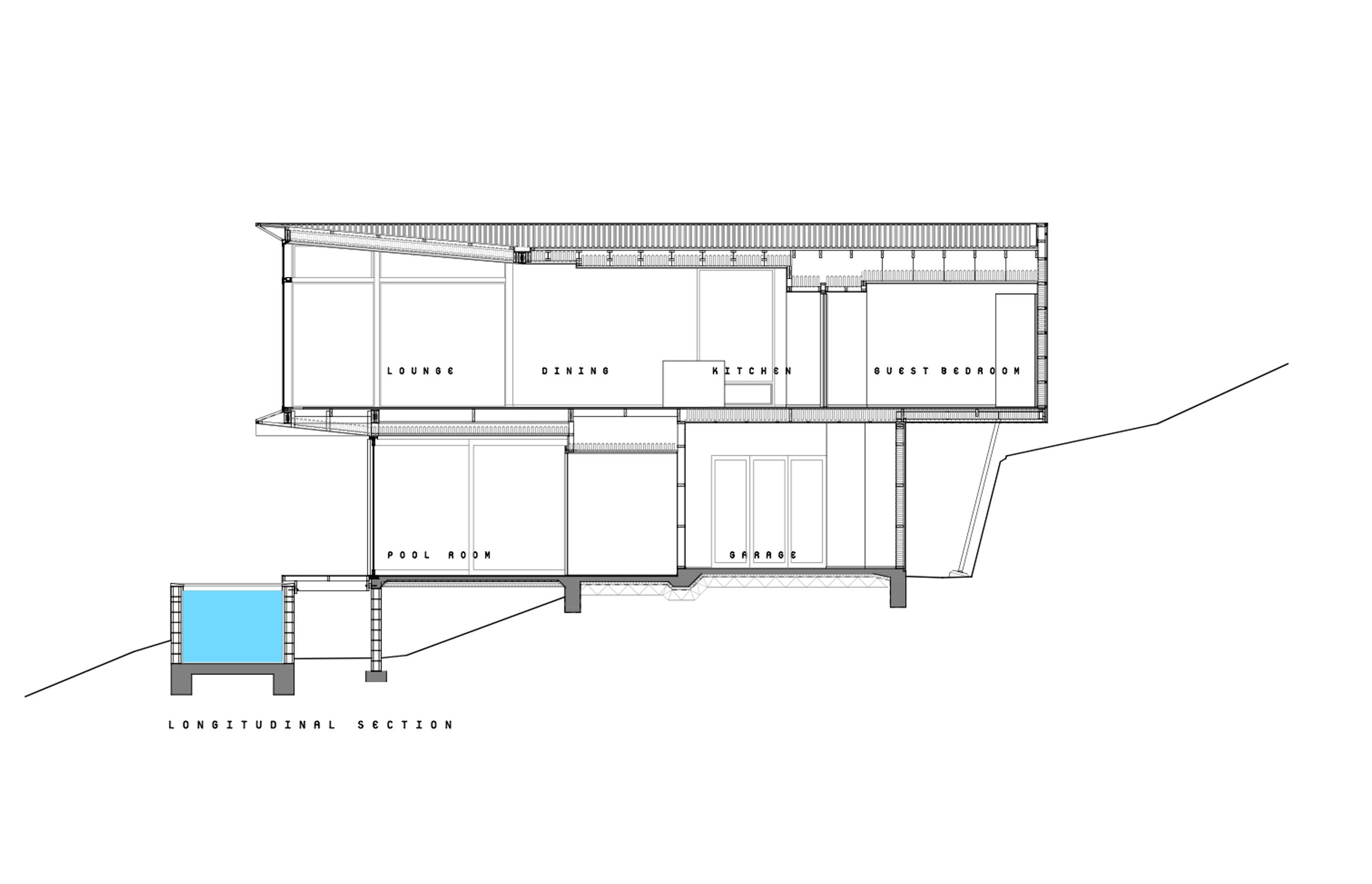A longitudinal section by Objects. shows the swimming pool below the ground-floor area.