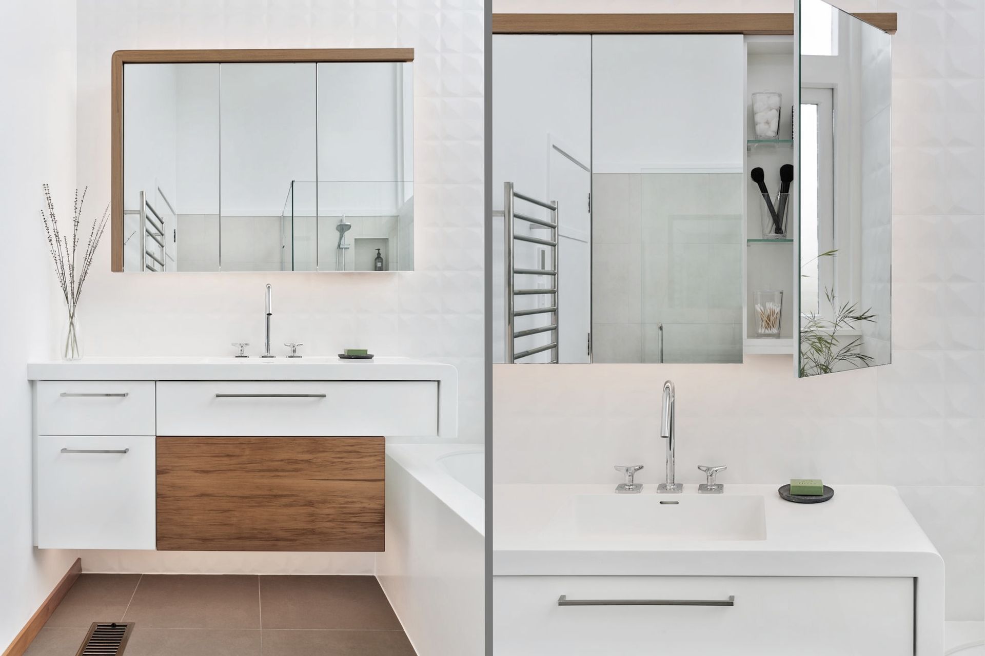 Warm Rimu veneer highlights echo timber panelling found throughout the owners beloved mid-century home. The Corian L-shaped benchtop end is gently curved then repeated opposite in the mirrored cabinet’s L-trim above. Star profiled tap handles were sourced