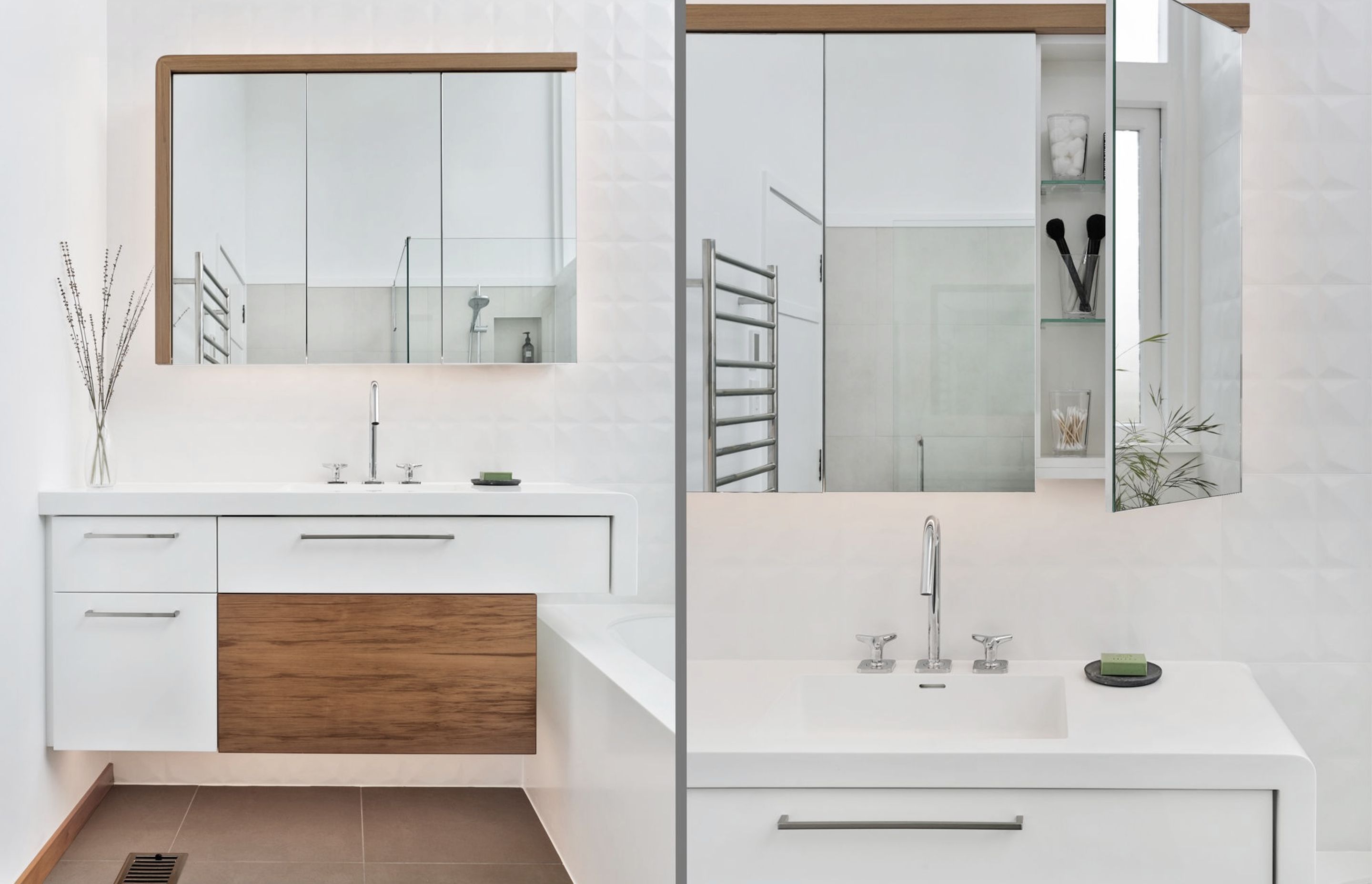 Warm Rimu veneer highlights echo timber panelling found throughout the owners beloved mid-century home. The Corian L-shaped benchtop end is gently curved then repeated opposite in the mirrored cabinet’s L-trim above. Star profiled tap handles were sourced