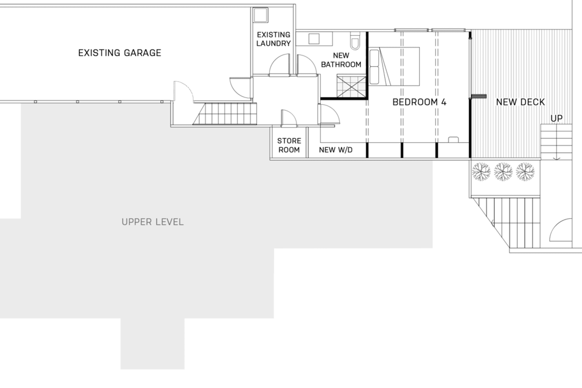 The lower level was extensively repurposed for storage and guest accomodation. A deck and access to the pool connected the space to facilities enjoyed by the upper level.