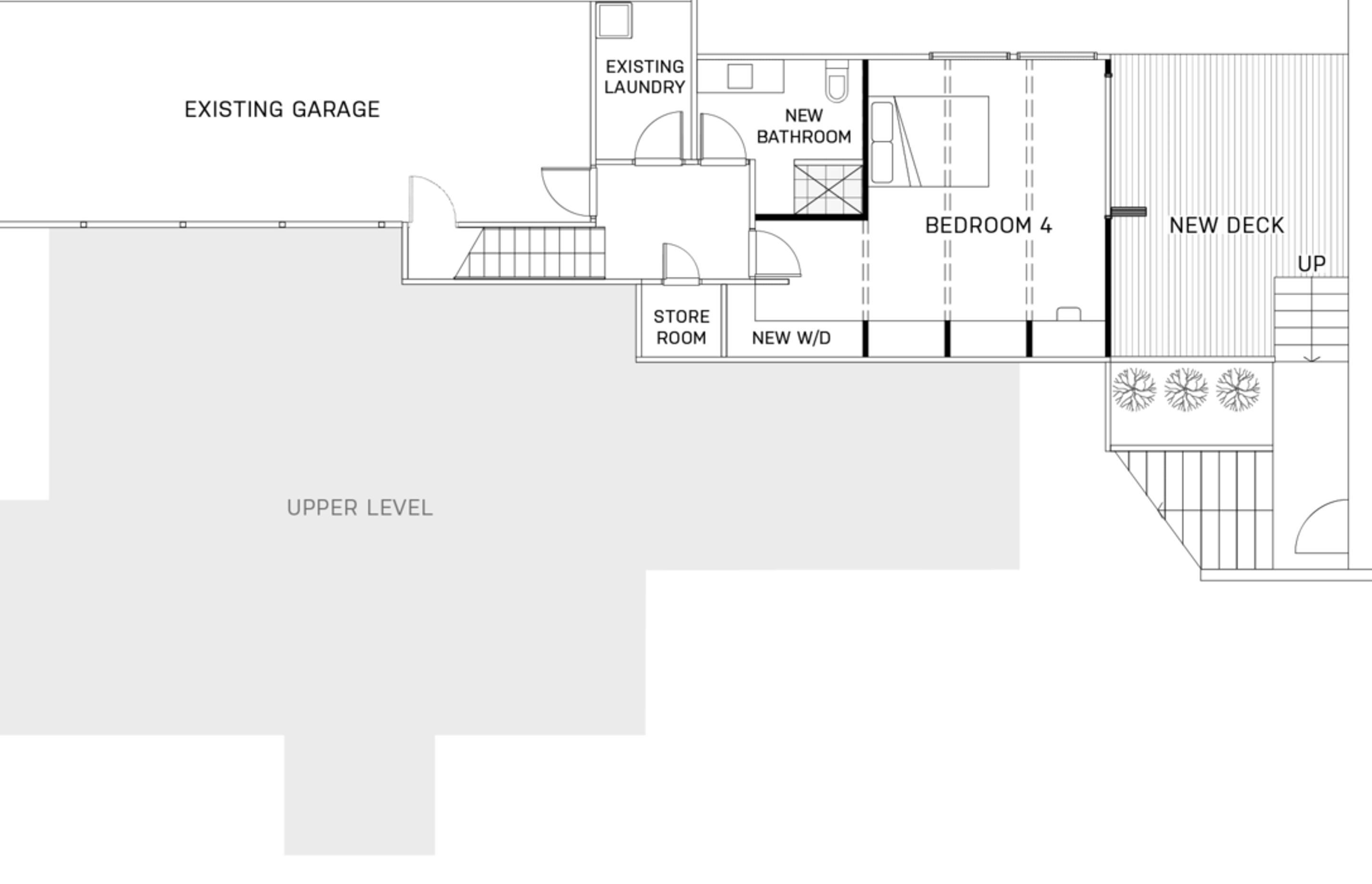 The lower level was extensively repurposed for storage and guest accomodation. A deck and access to the pool connected the space to facilities enjoyed by the upper level.