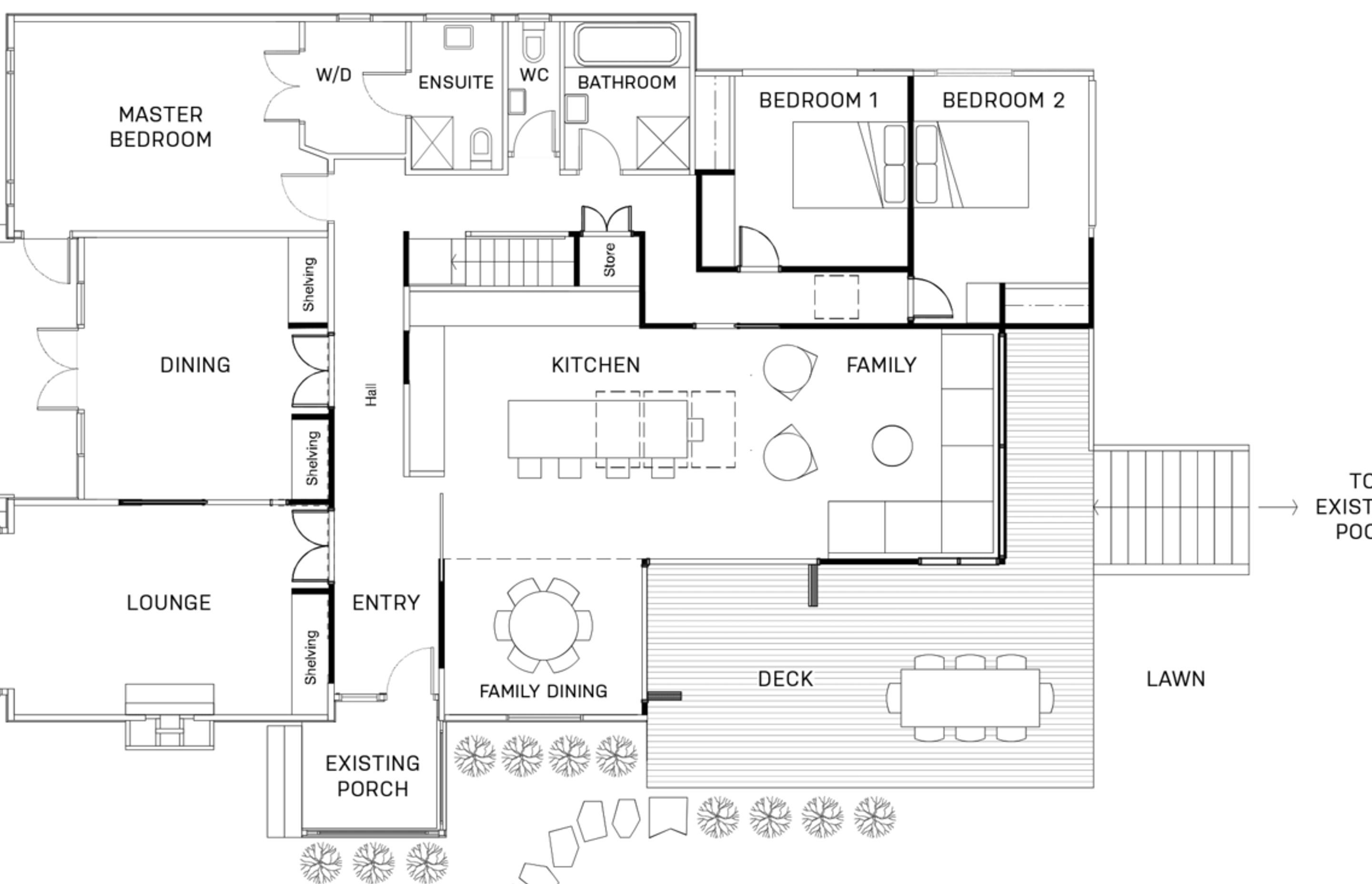 C–Architecture repurposed the living spaces to be more connected and open, while respecting the established formal lounge and dining areas. C–Architecture also gave more definition to sleeping areas with an established hallway, whilst actually increasing
