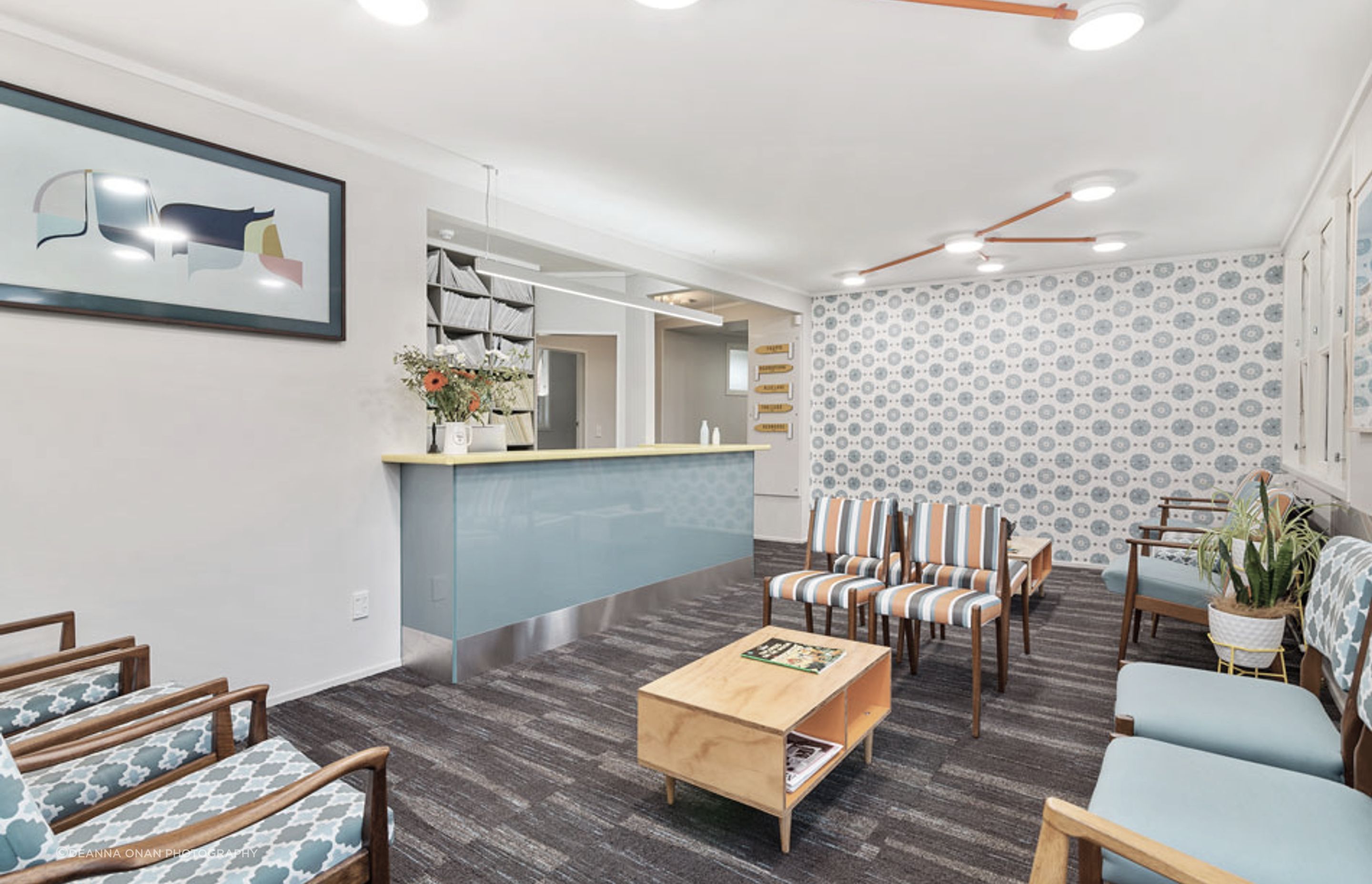 First appearances count, and lets face it, no one actually likes visiting the dentist or orthodontist. Mixing pattern and colours our aim was to create a welcoming atmosphere