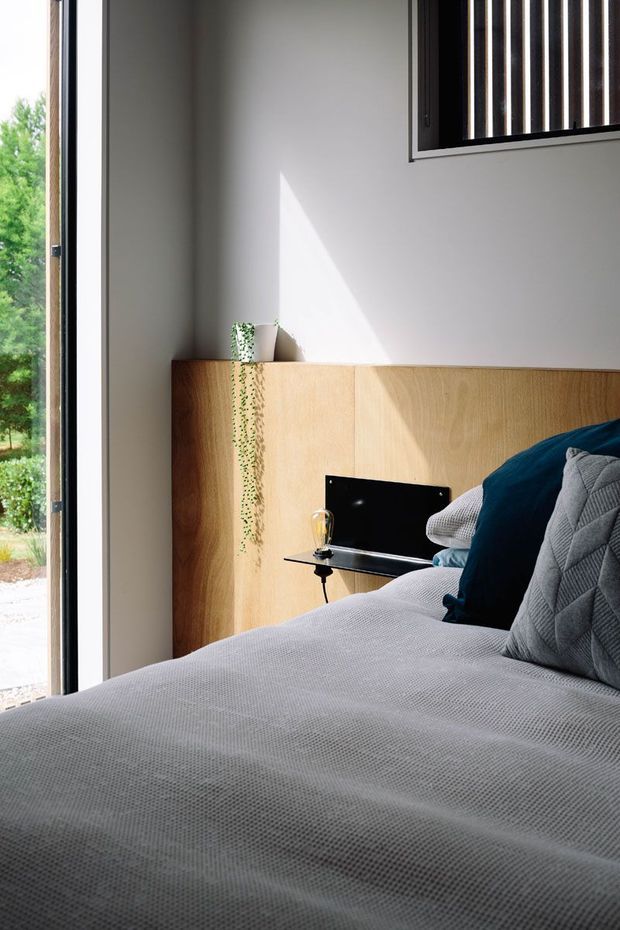 A bright, contemporary bedroom with a large grey upholstered bed in the foreground, layered grey and deep teal bedding, and a simple black wall-mounted bedside shelf. A light timber built-in headboard and storage panel spans the wall, with a trailing plant adding greenery. Full-height glazing or a door opens to a leafy exterior, while sunlight creates a strong diagonal highlight across the pale wall.