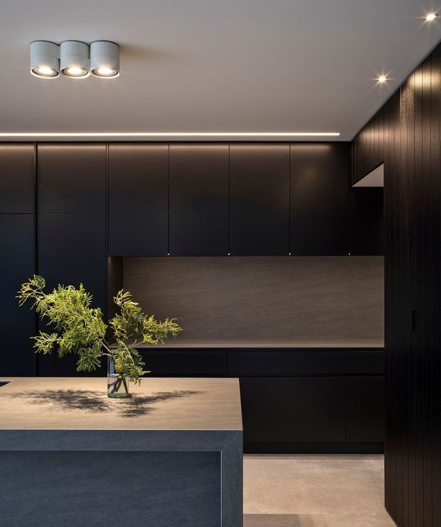 A refined, moody contemporary kitchen featuring matte black full-height cabinetry, a large dark island with a pale stone or concrete benchtop, and a broad wood-toned splashback or feature panel. Warm concealed LED strip lighting and recessed downlights illuminate the cabinetry, while dark vertical timber wall panelling adds texture. A simple leafy branch in a glass vase provides a natural accent.