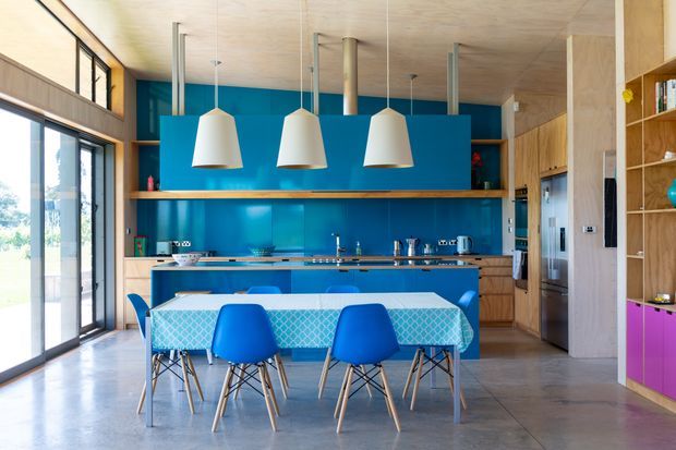 Bright open-plan kitchen and dining area with a vivid blue feature wall and island, timber cabinetry and shelving, a timber-lined ceiling, polished concrete flooring, and large glazed doors. A rectangular dining table with a patterned tablecloth and blue dining chairs sits in the foreground beneath a row of white pendant lights.