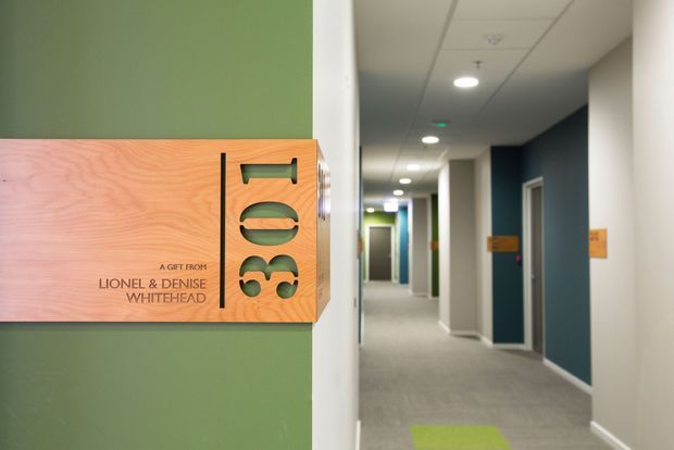 A modern institutional hallway with green, white, and dark blue painted walls, grey carpet, recessed ceiling lights, and multiple doors. In the foreground, a large light timber donor plaque with engraved text and cut-out numerals is mounted on a green wall.