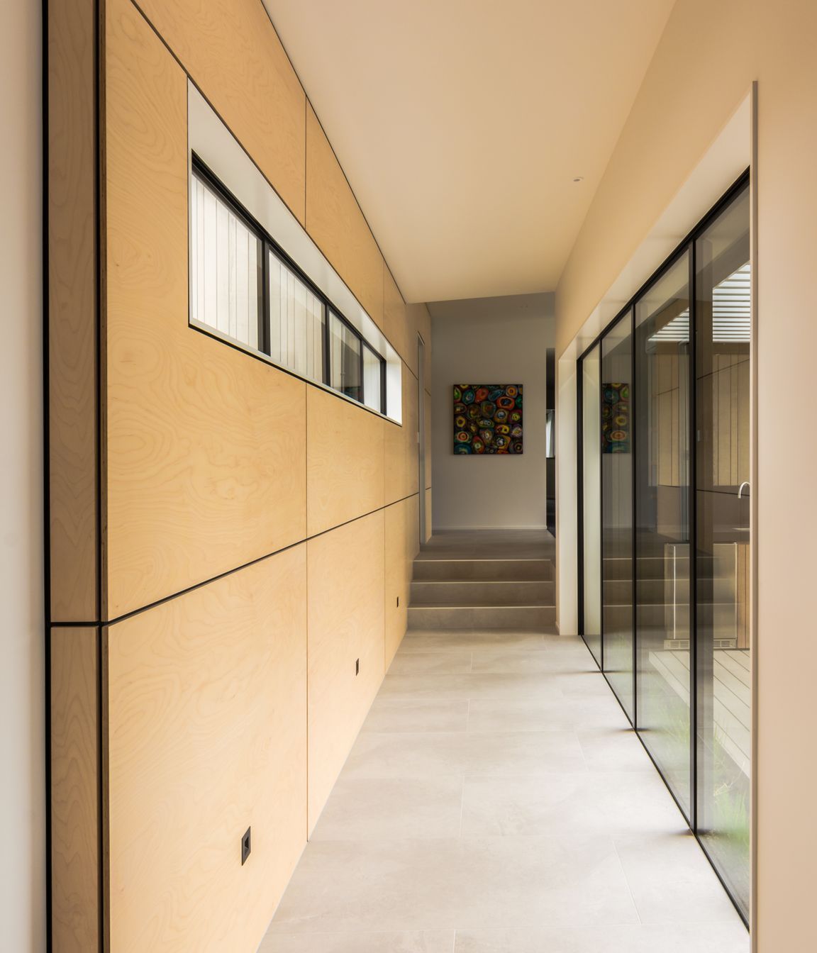 The blonded ply reflects the warmth of the day through the breezeway.