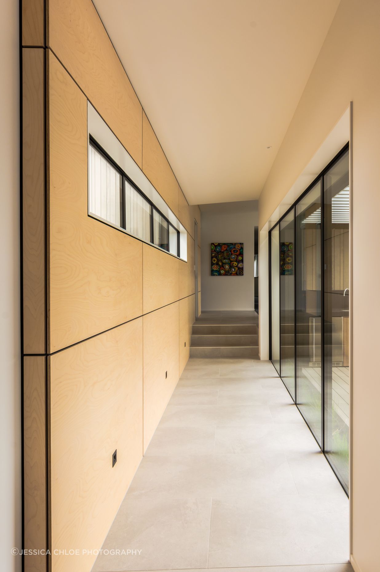 The blonded ply reflects the warmth of the day through the breezeway.