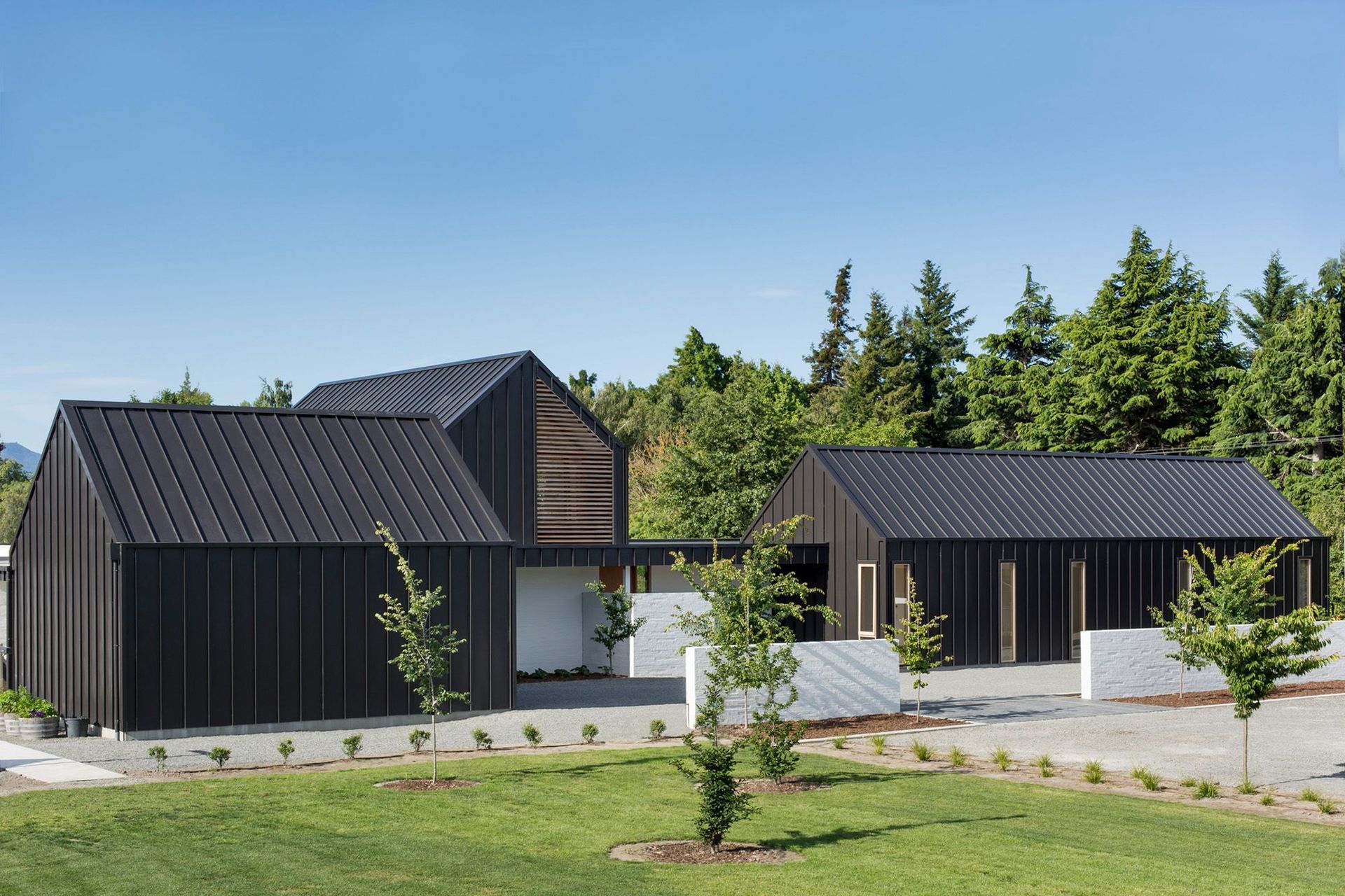 The street-facing view of Ryan House has a striking presence and is designed for privacy.