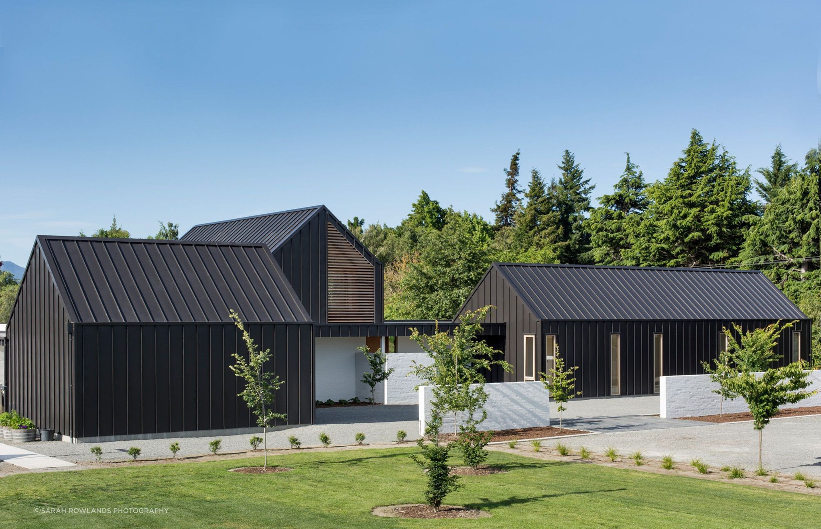 The street-facing view of Ryan House has a striking presence and is designed for privacy.