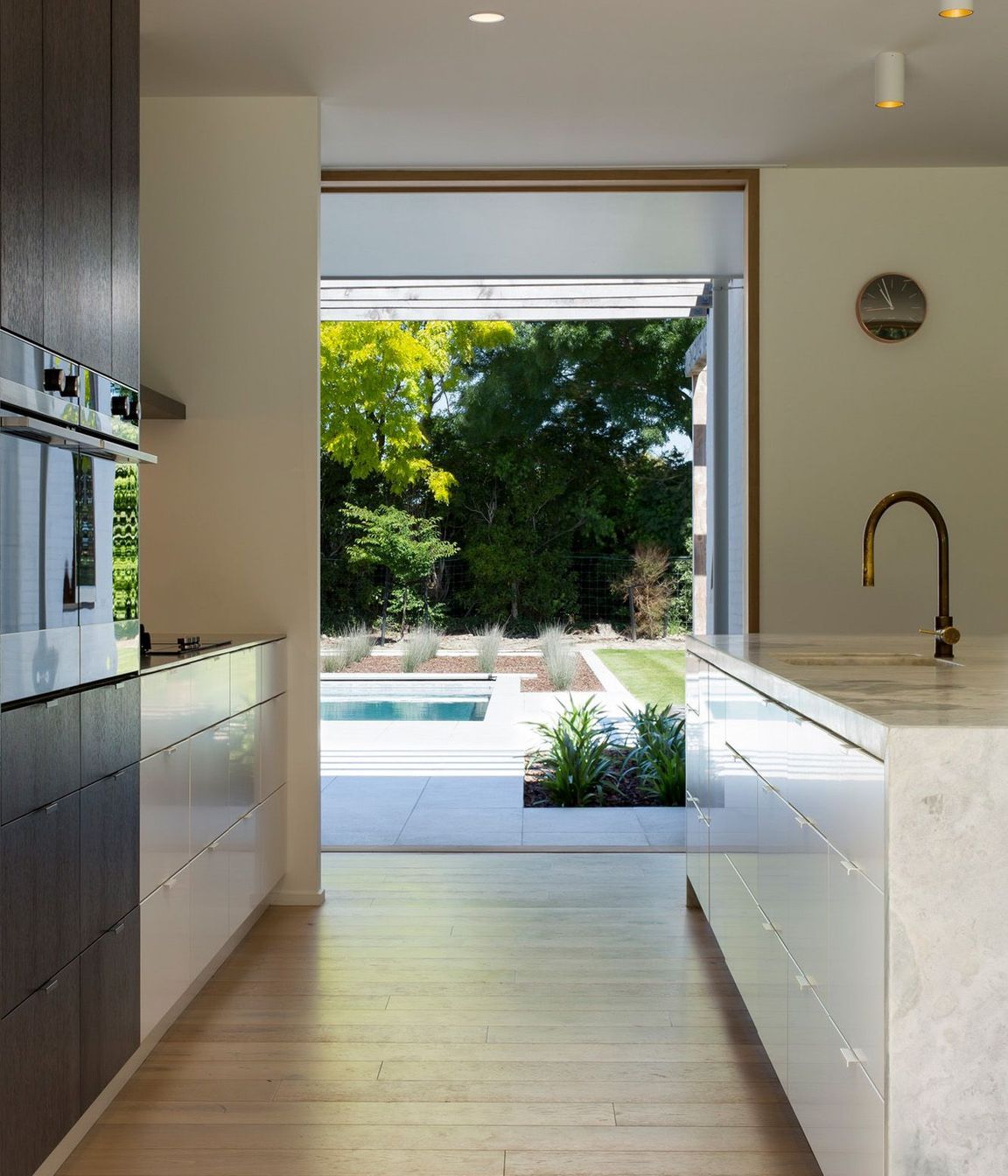 View of the pool area from the kitchen.