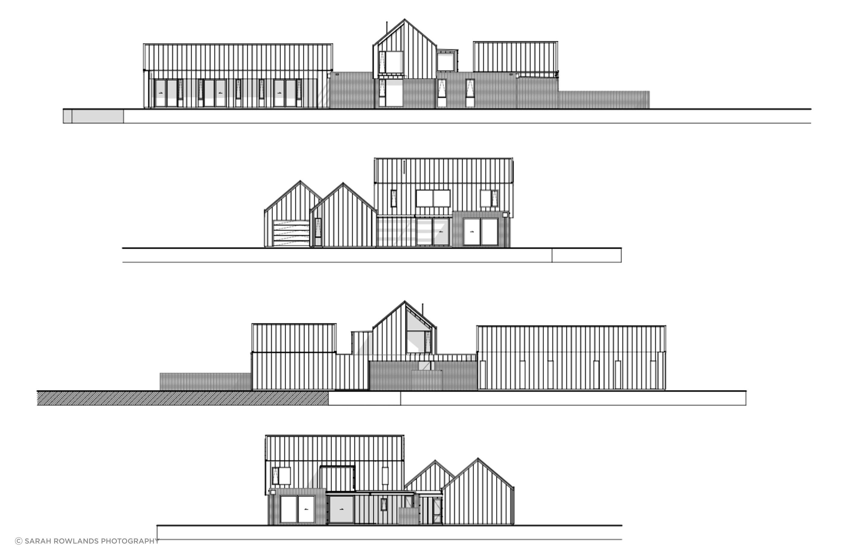 Elevations by Arthouse Architects, facing north, east, south and west (from top to bottom).