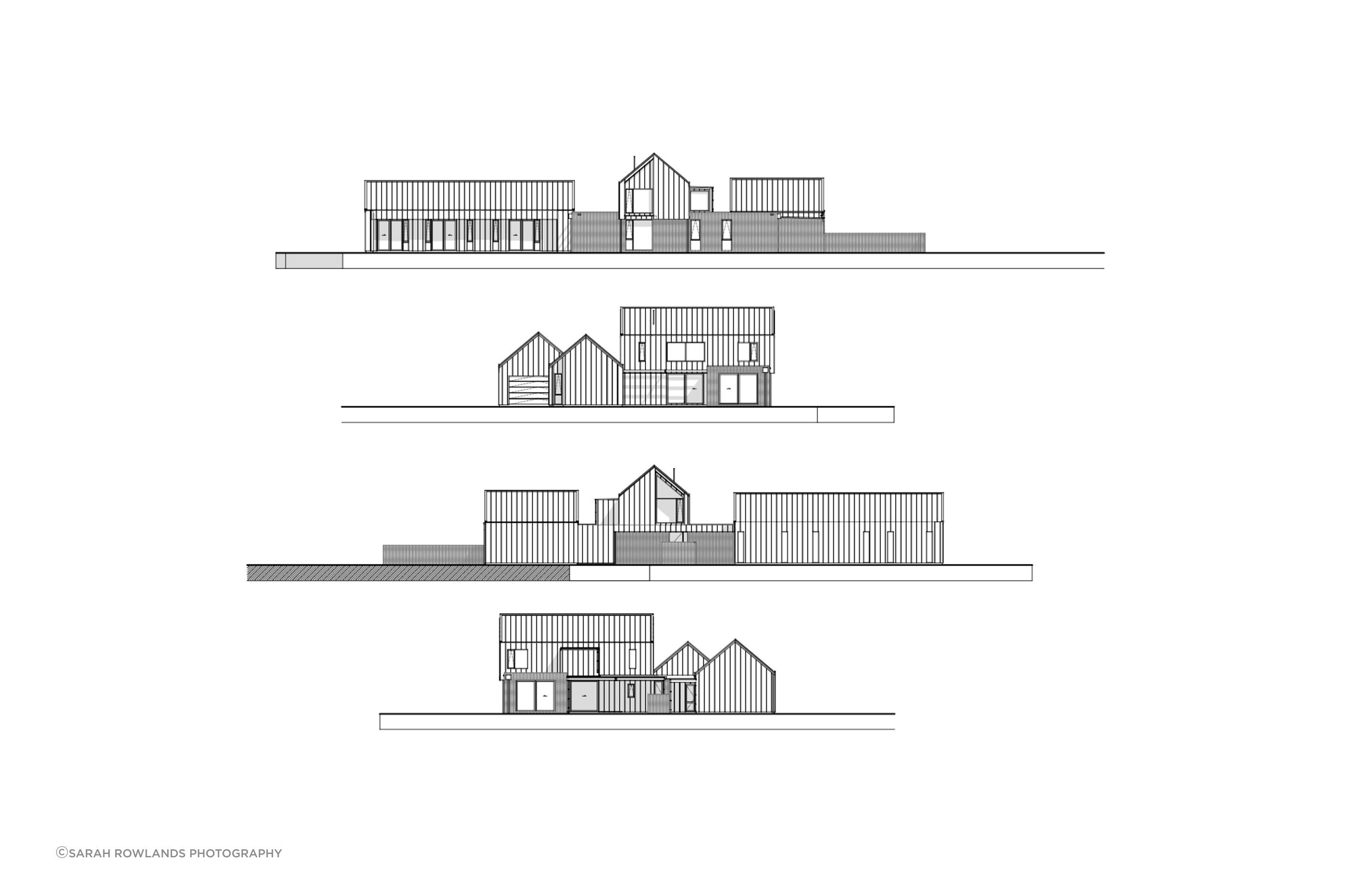 Elevations by Arthouse Architects, facing north, east, south and west (from top to bottom).