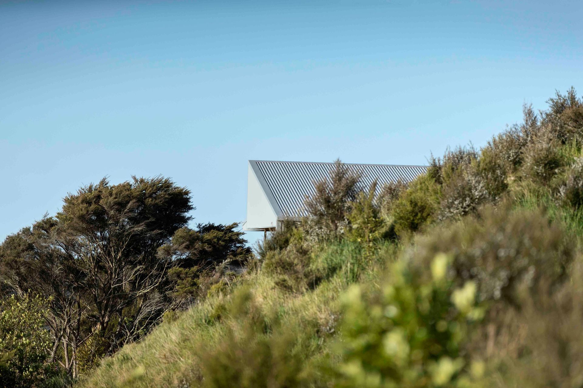 The home crouches just down the slope from the road above.