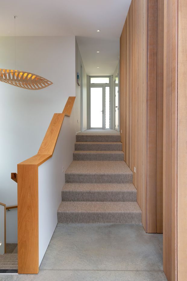 A bright contemporary hallway and stairway with a straight-run carpeted staircase, sculptural timber handrail, full-height vertical timber wall panelling, polished concrete flooring, white walls, recessed ceiling lights, and a glazed entry door at the far end. A suspended organic timber pendant is partially visible on the left.