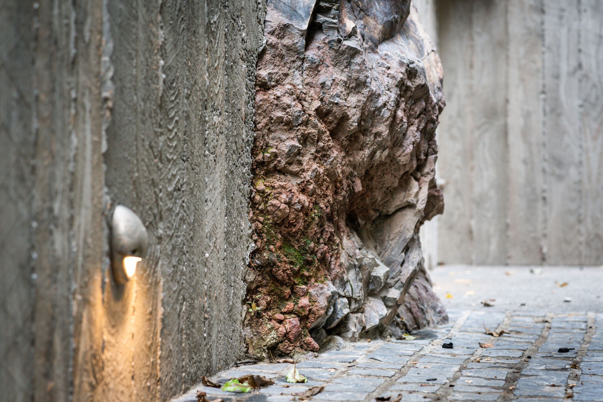 Natural textures and finishes offer a unique juxtaposition with the basalt cliff face.