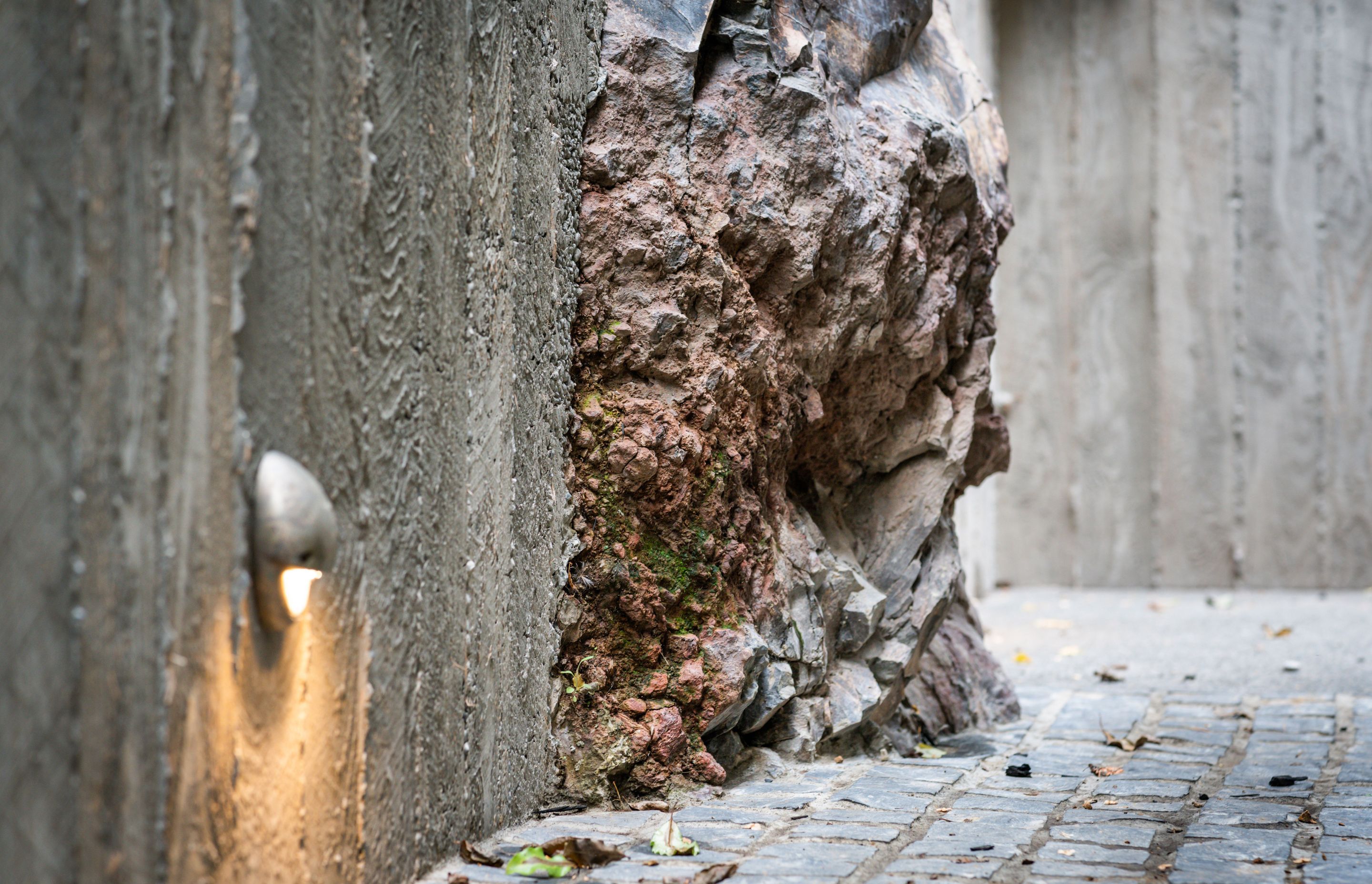 Natural textures and finishes offer a unique juxtaposition with the basalt cliff face.