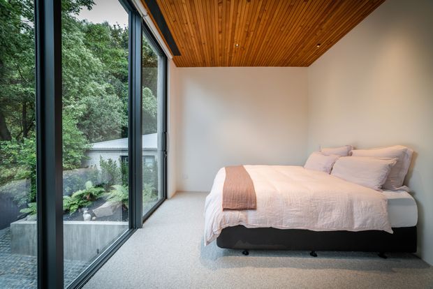 A serene minimalist bedroom with a low upholstered bed dressed in pale blush and cream bedding. Full-height black-framed glazing runs along one side, opening views to dense greenery and a planted courtyard. The room has white walls, a soft light carpet, and a warm timber-lined ceiling that adds natural texture and contrast.