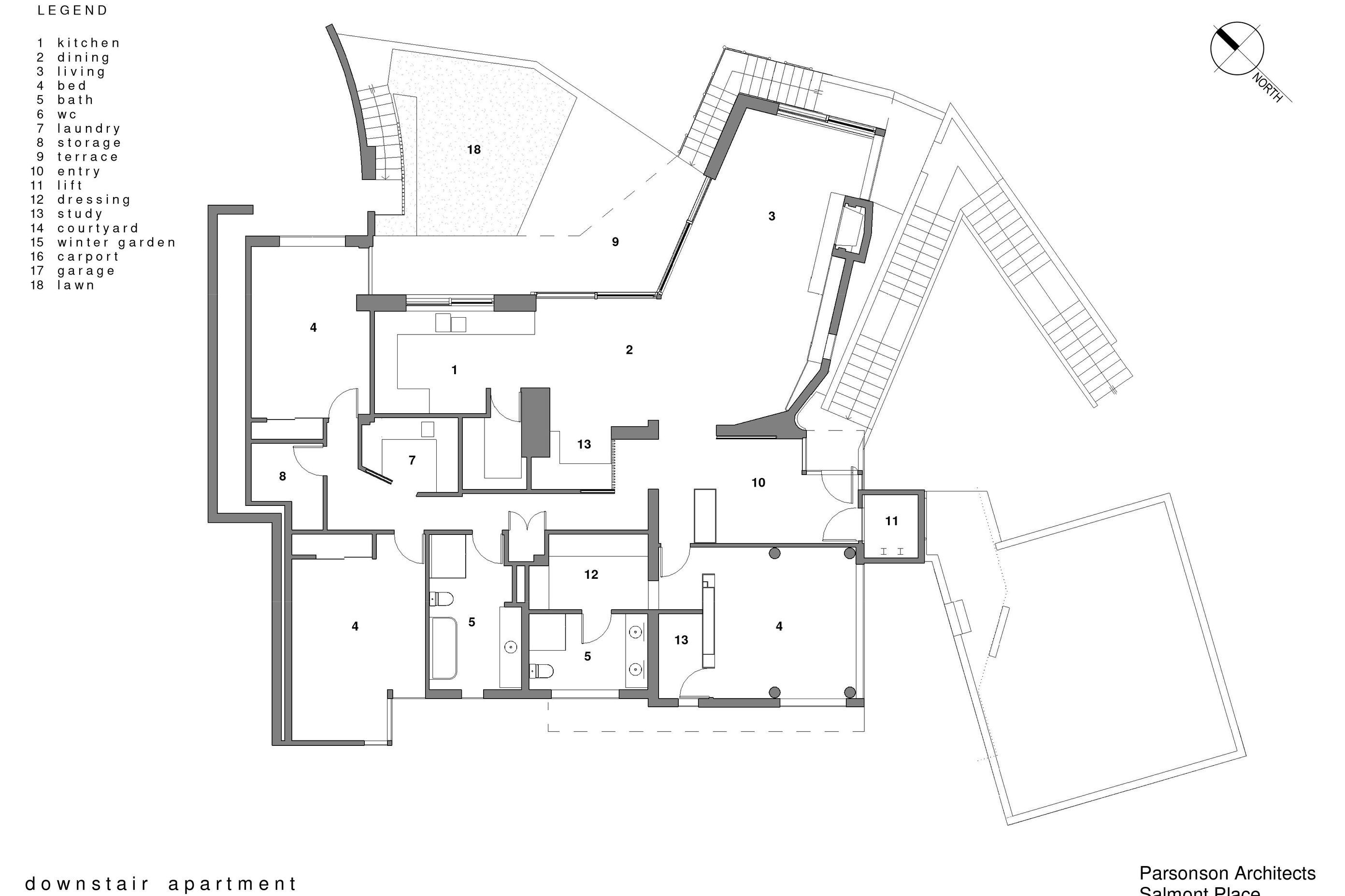 The plan for the downstairs apartment has a north-facing terrace (9) and lawn (18) extended out from the kitchen, diining and living area (3).