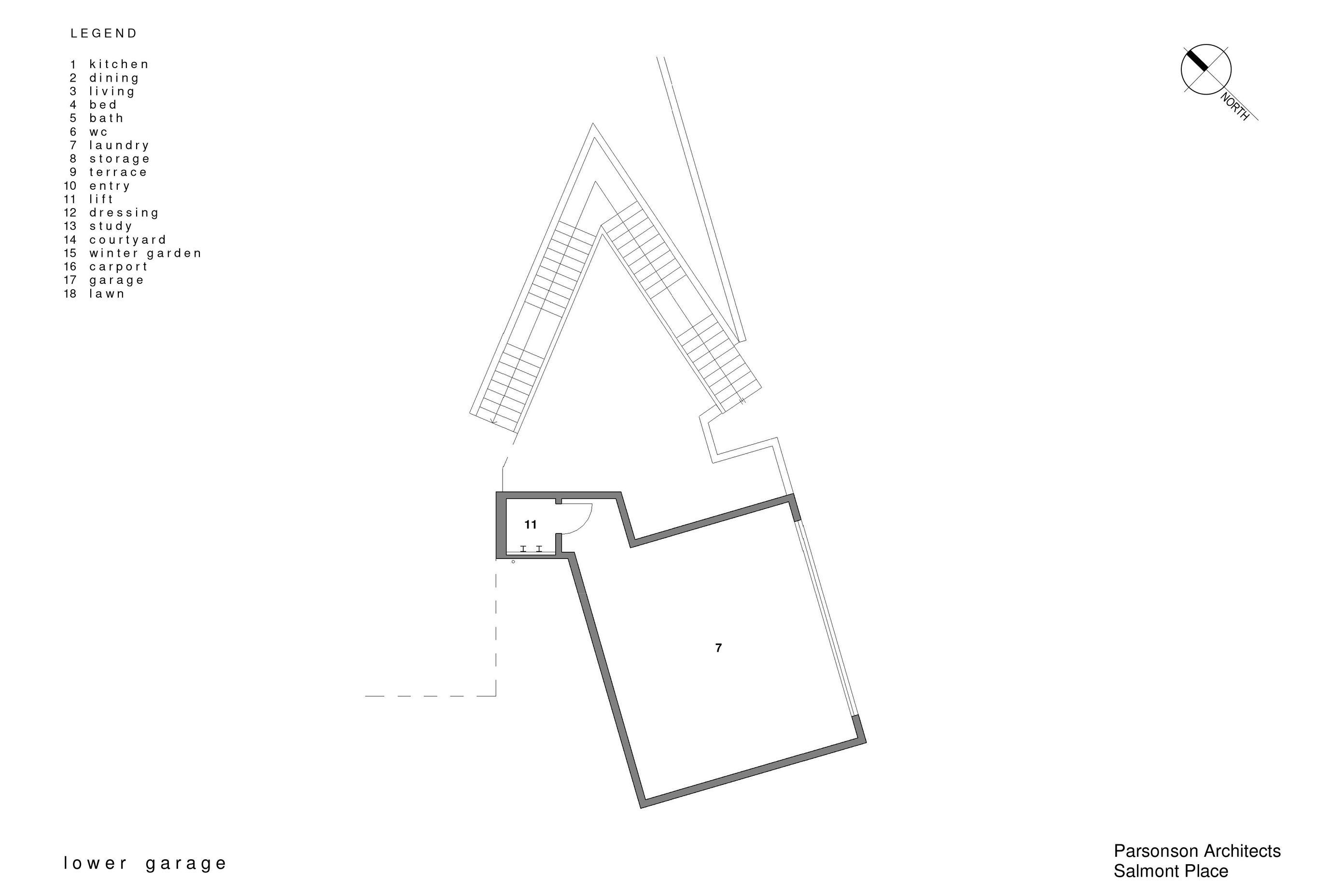 The lower garage plan for the downstairs apartment.