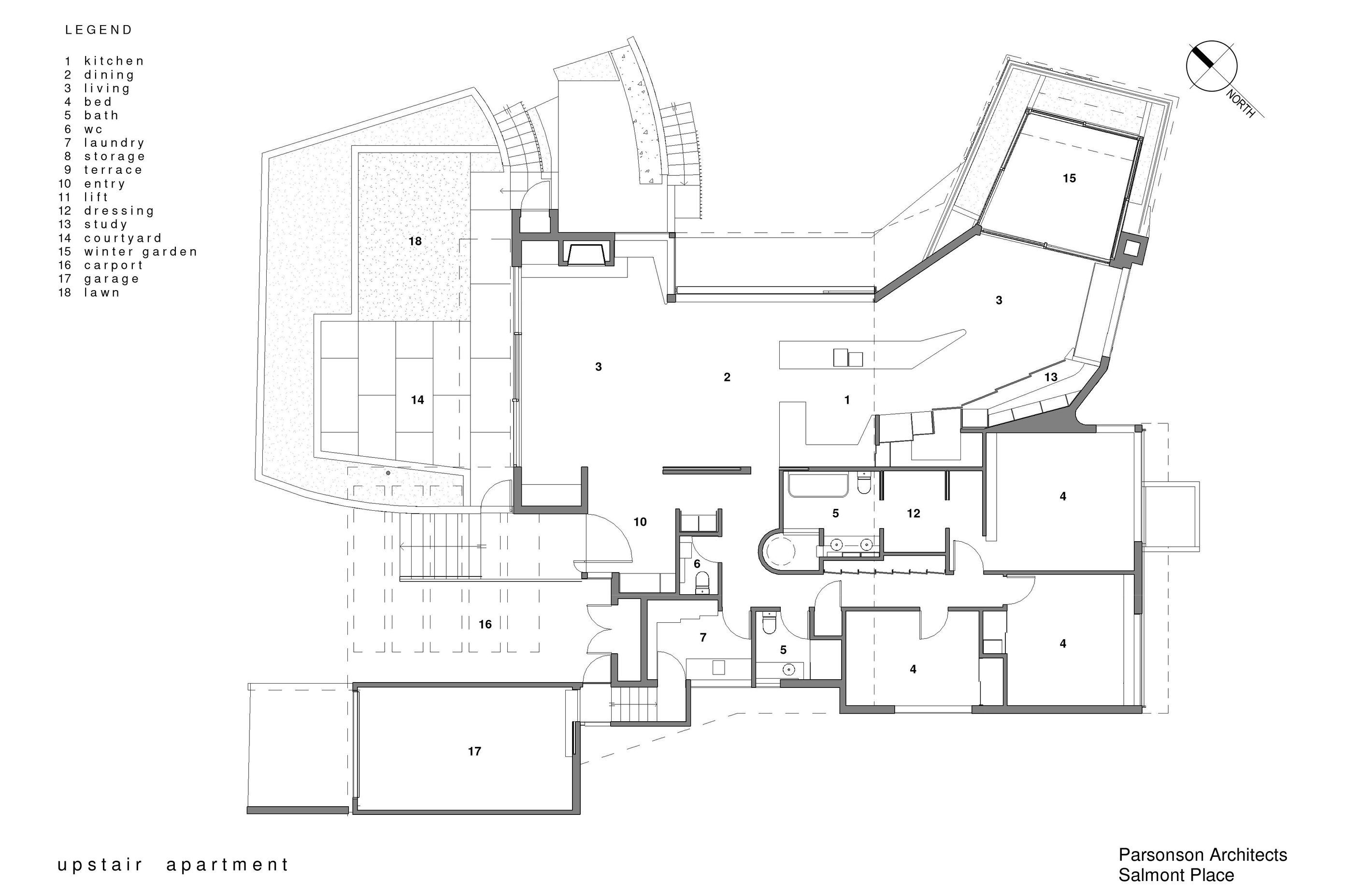 The plan of the upstairs apartment shows how the house is built to follow the sun from the north-facing winter garden (15) through the living and dining areas to the courtyard (14).