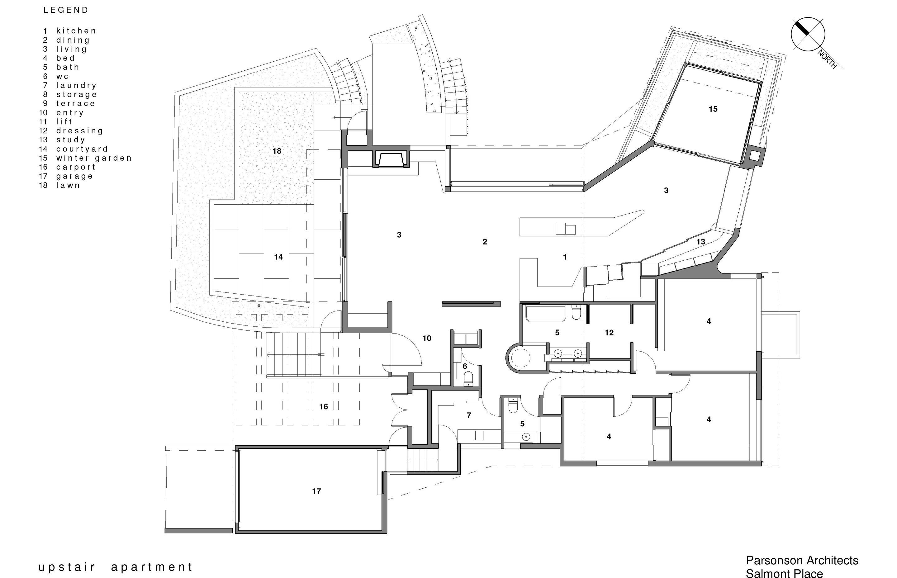 The plan of the upstairs apartment shows how the house is built to follow the sun from the north-facing winter garden (15) through the living and dining areas to the courtyard (14).