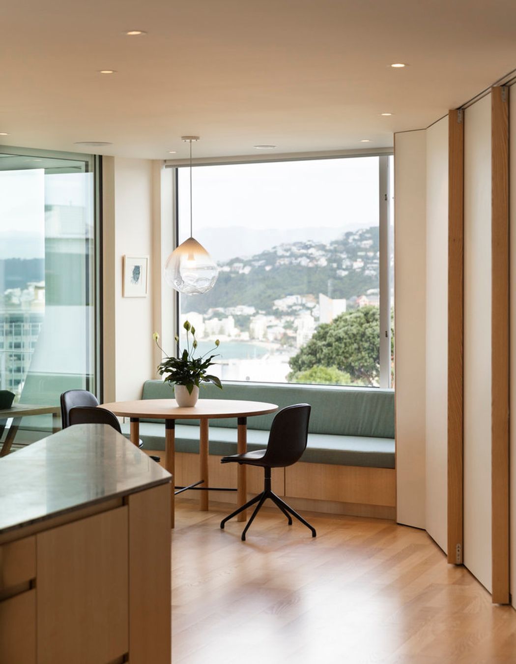 The upstairs breakfast dining area has a view over the harbour.