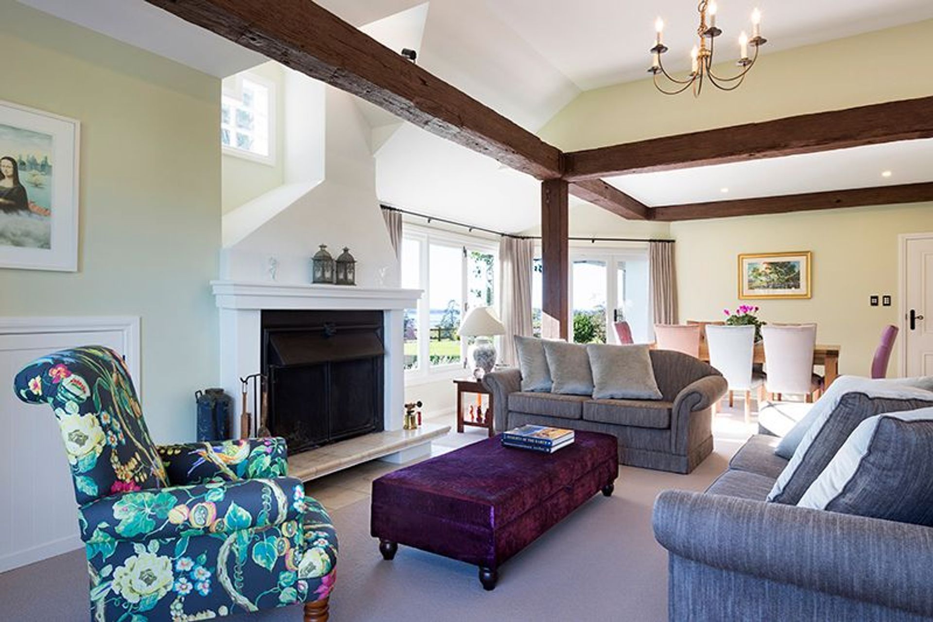 Formal lounge, in Dulux Wright Hill Half existing furniture was recovered with the addition of a custom ottoman in a Harlequin velvet snakeskin