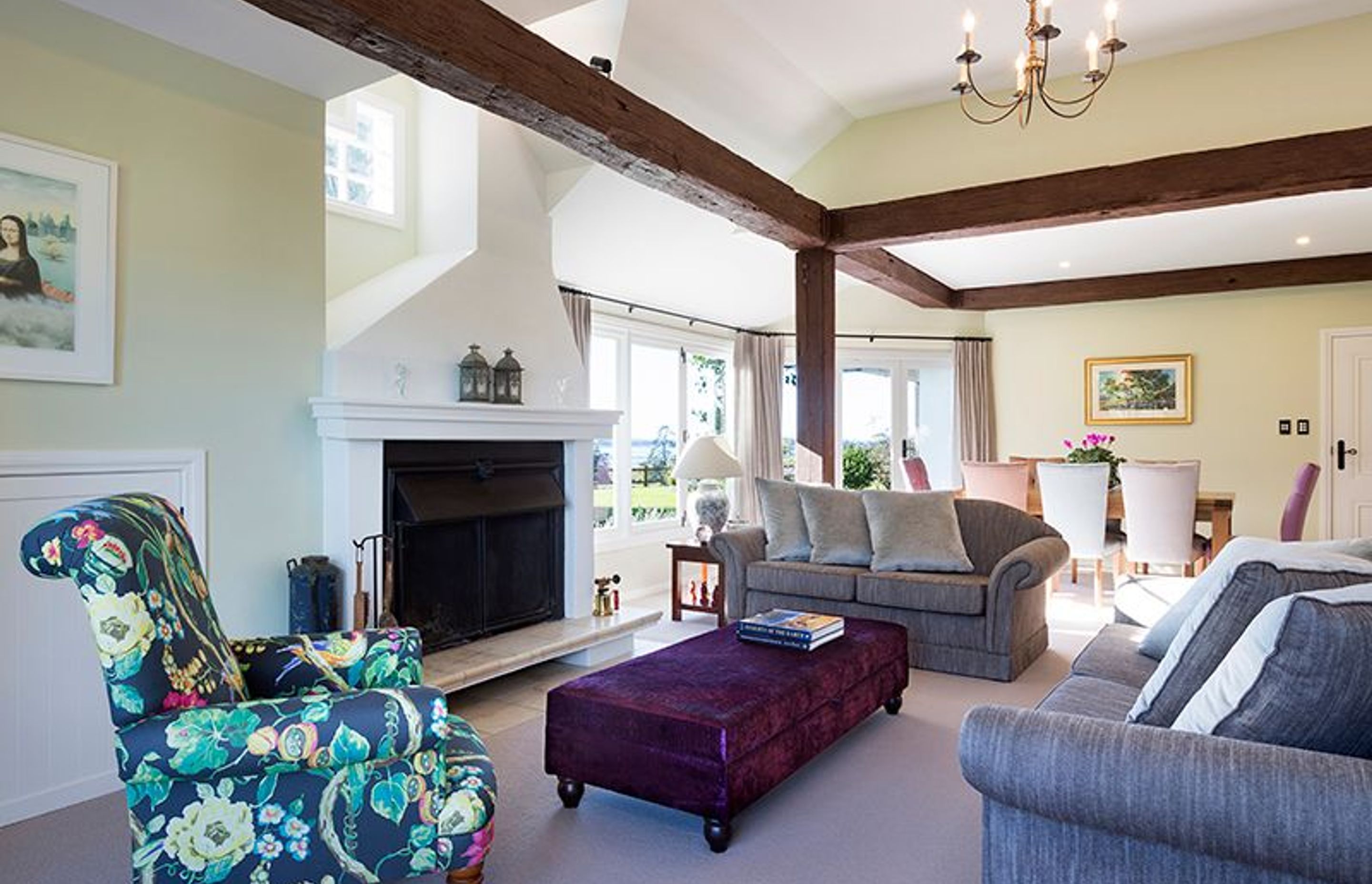 Formal lounge, in Dulux Wright Hill Half existing furniture was recovered with the addition of a custom ottoman in a Harlequin velvet snakeskin