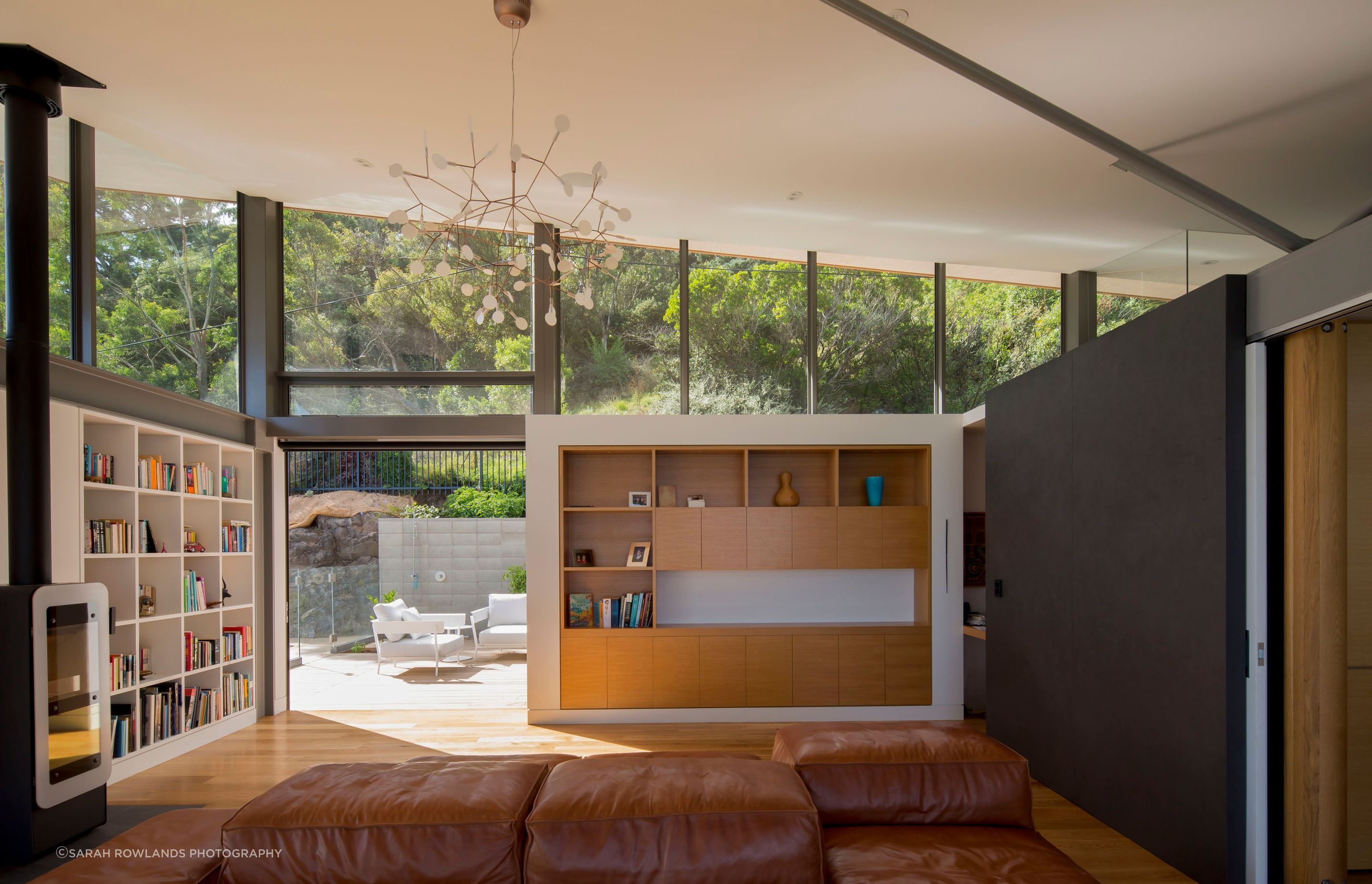 The lounge leads out onto an east-facing terrace and swimming pool.