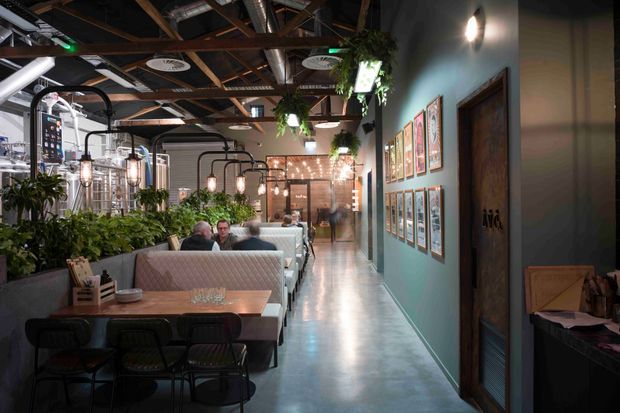 An atmospheric industrial-style restaurant interior with a long central circulation aisle, booth seating and dining tables along the left, a teal feature wall with framed artwork and a dark timber door on the right, abundant hanging plants, exposed timber roof structure, visible ductwork, and pendant lighting. Polished concrete flooring and warm ambient lighting create a lively yet intimate dining environment.