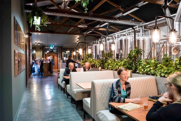 A spacious industrial-style restaurant or hospitality venue with rows of upholstered booth seating, dining tables, pendant lights, abundant indoor planting, and exposed ceiling structure. Polished concrete flooring, dark ceilings, timber beams, and extensive stainless-steel brewing or service equipment create a distinctive brewery-restaurant atmosphere.